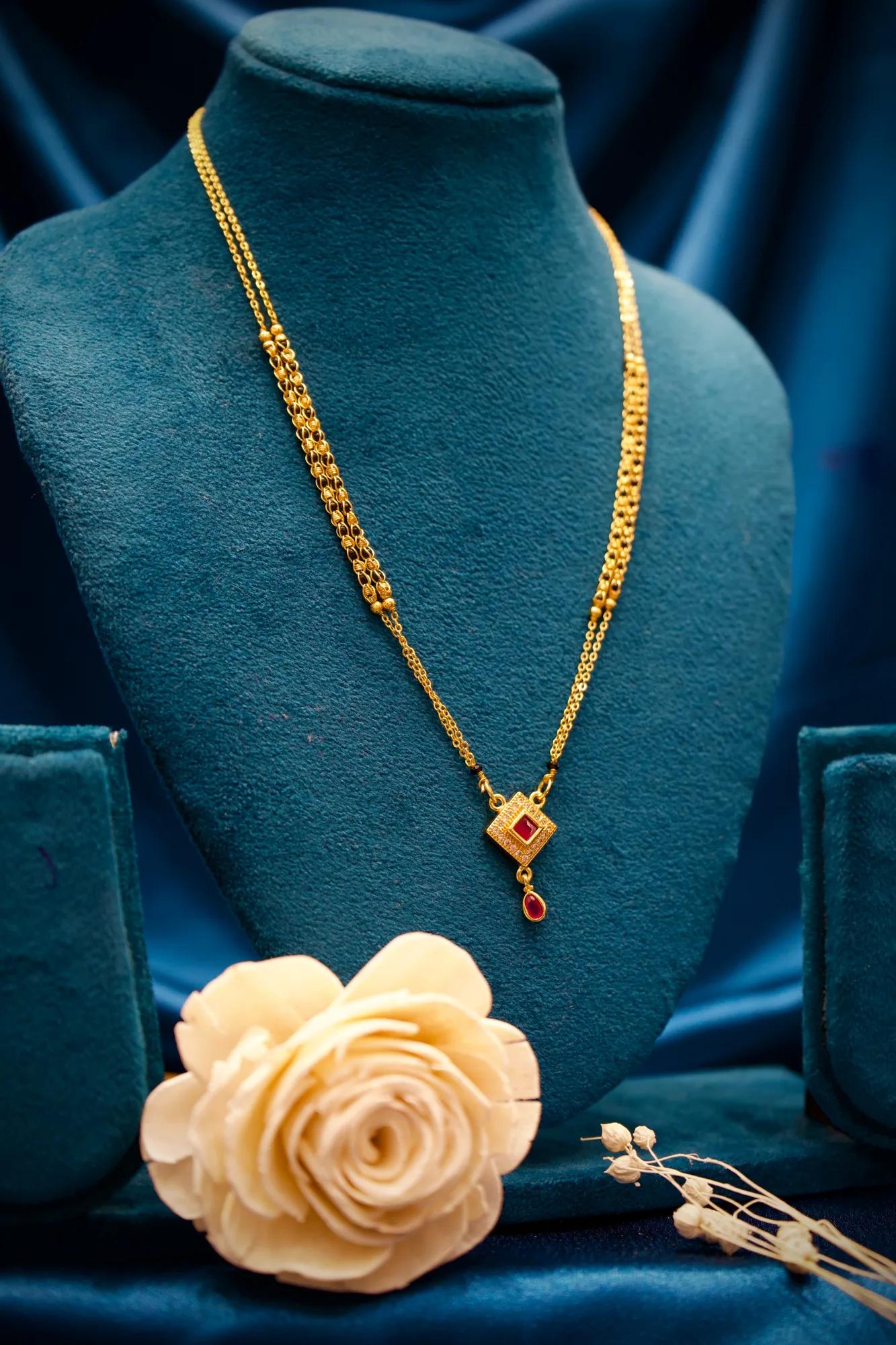 Elegant Ruby Square Pendant Double Chain Mangalsutra