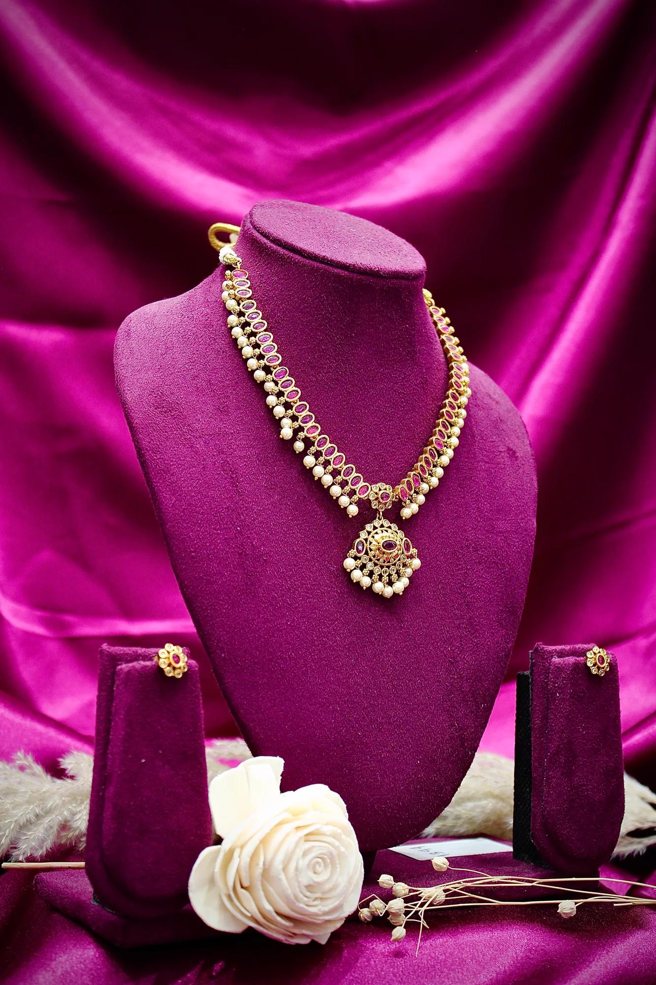 Ruby Stone Pearl Drop Traditional Necklace
