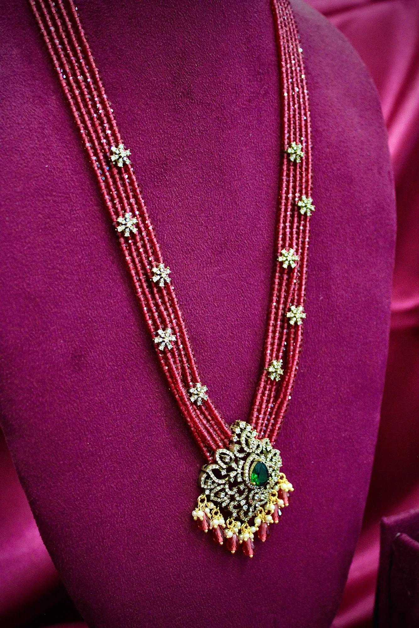 Ruby Red Multi-Strand Beaded Pendant Necklace Set