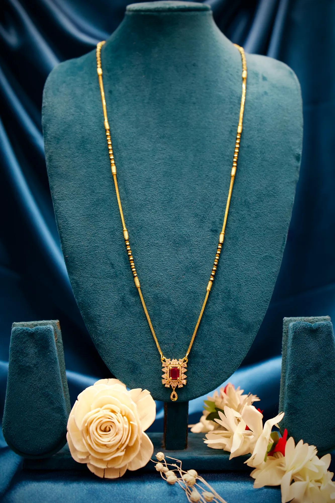 Ruby Stone Floral Mangalsutra Pendant Necklace