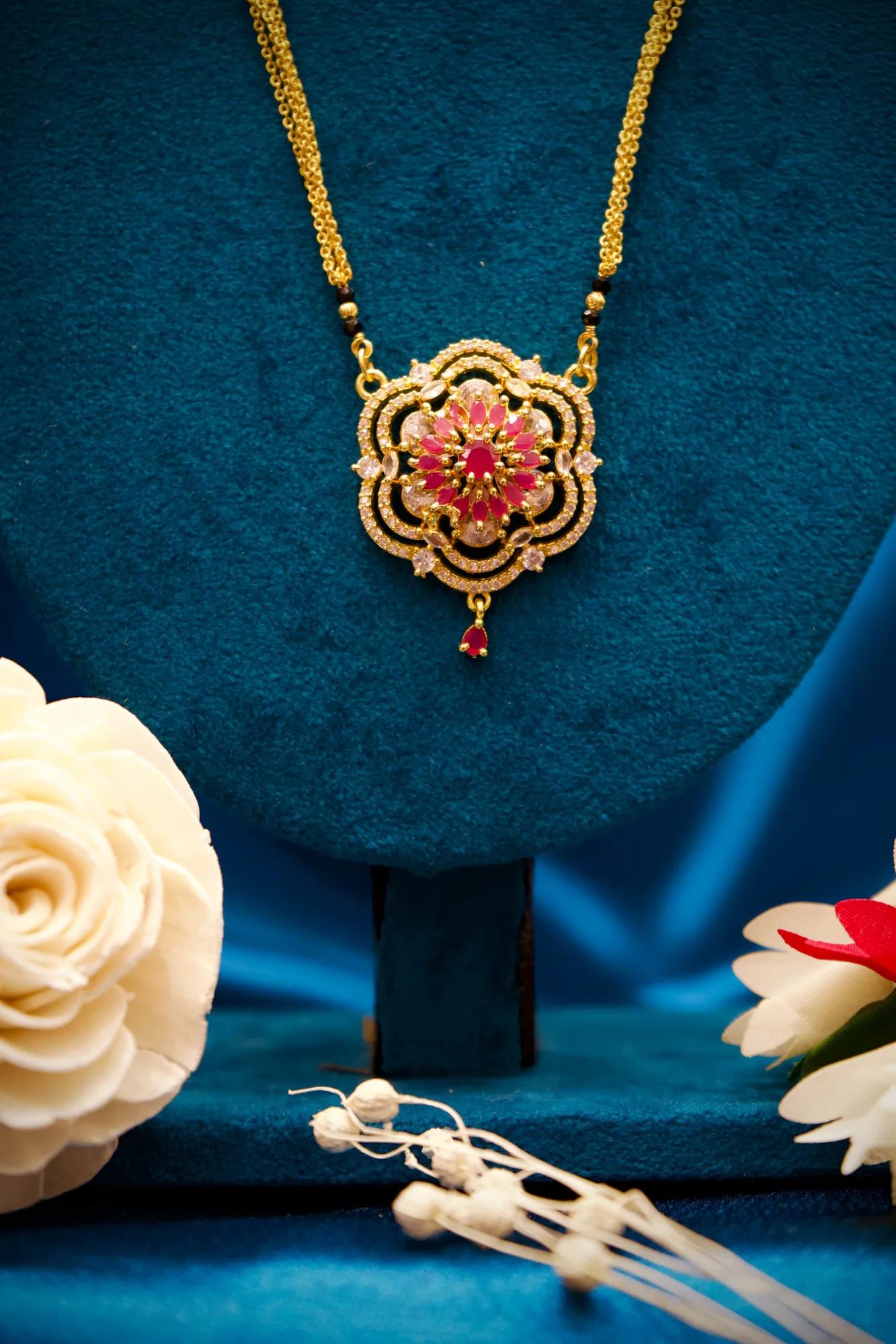 Floral Pink Stone Designer Long Mangalsutra