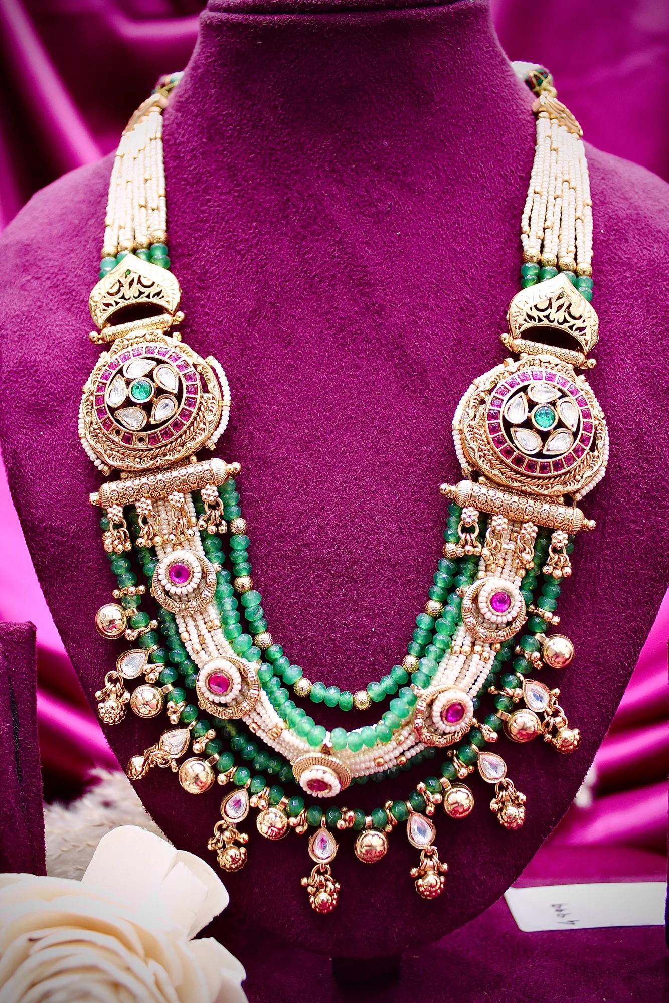 Royal Green Beaded Kundan Bridal Necklace Set