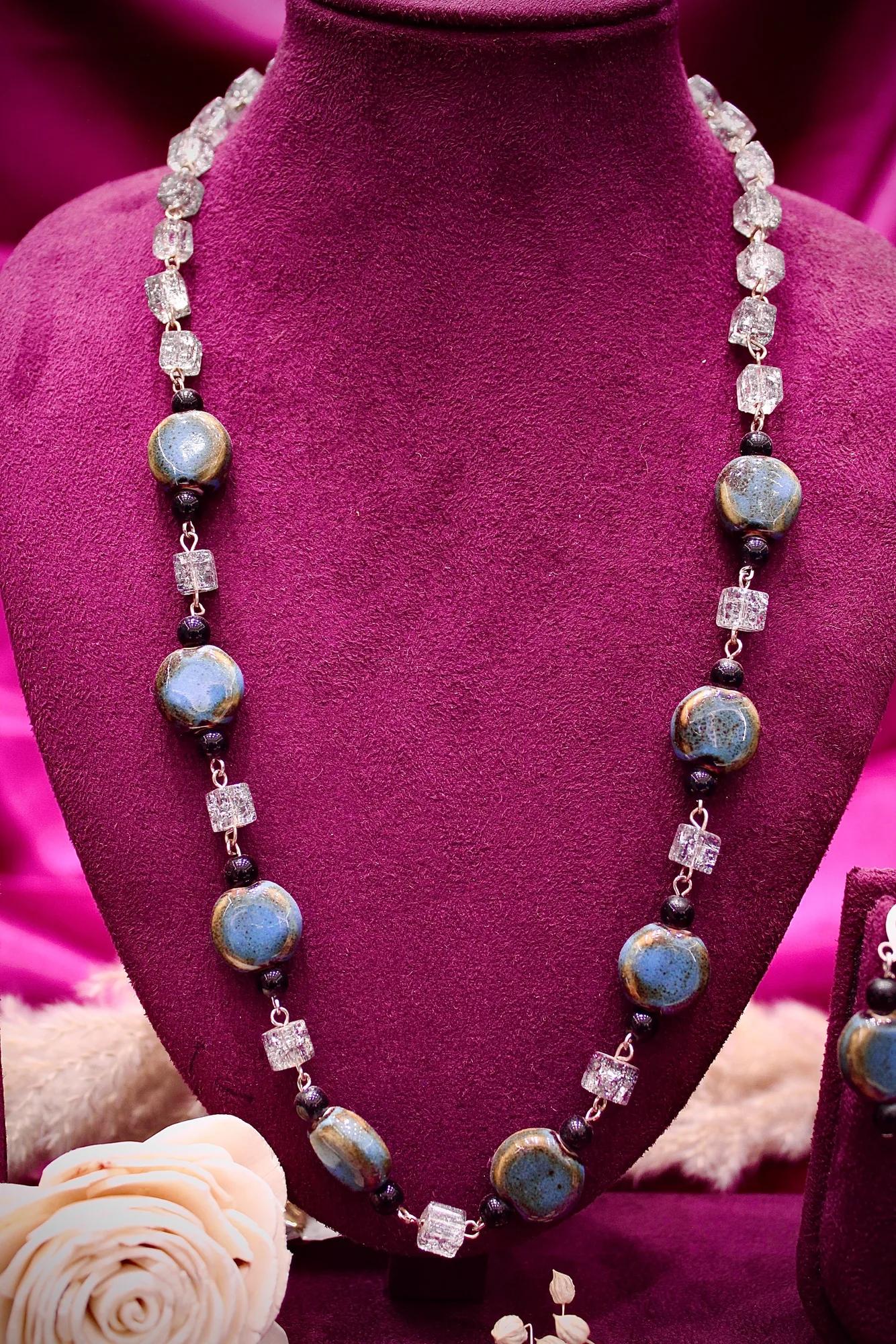 Blue Agate Stone Beaded Necklace Set with Earrings