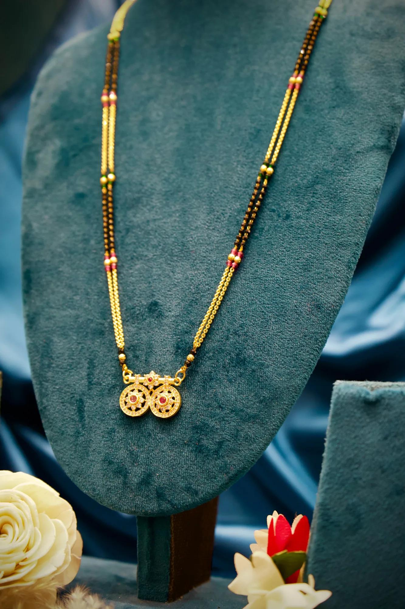 Dual Floral Ruby Stone Mangalsutra Pendant Necklace