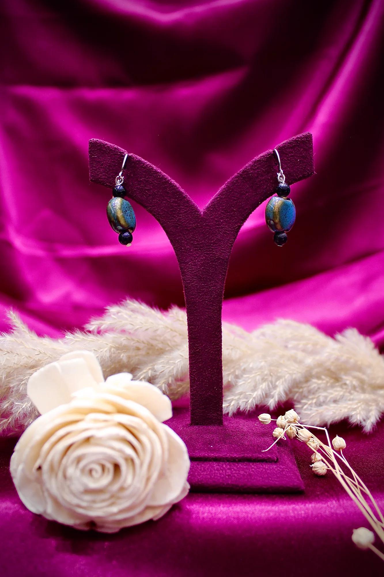 Blue Agate Stone Beaded Necklace Set with Earrings