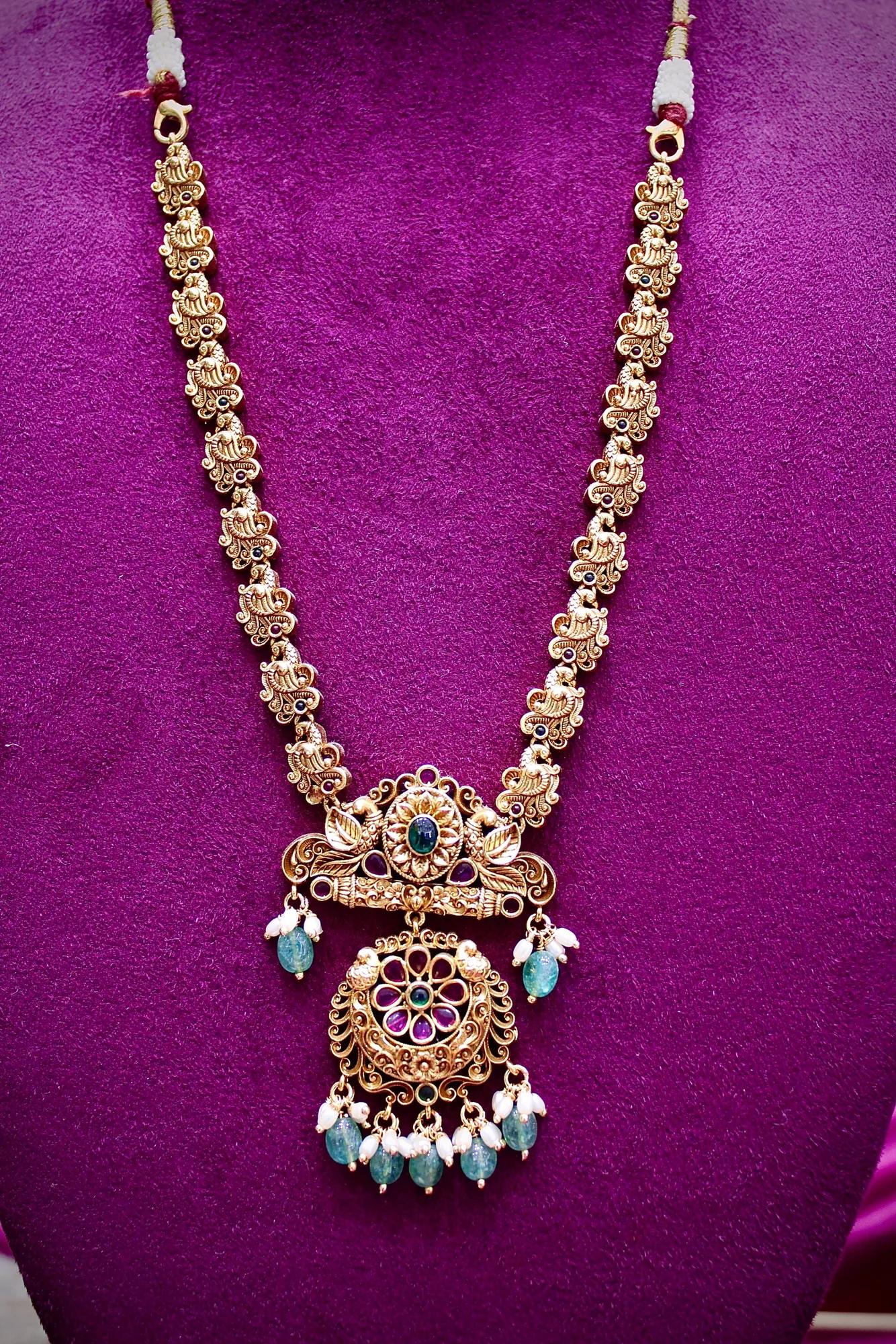 Antique Floral Pendant Necklace Set with Emerald Bead Drops