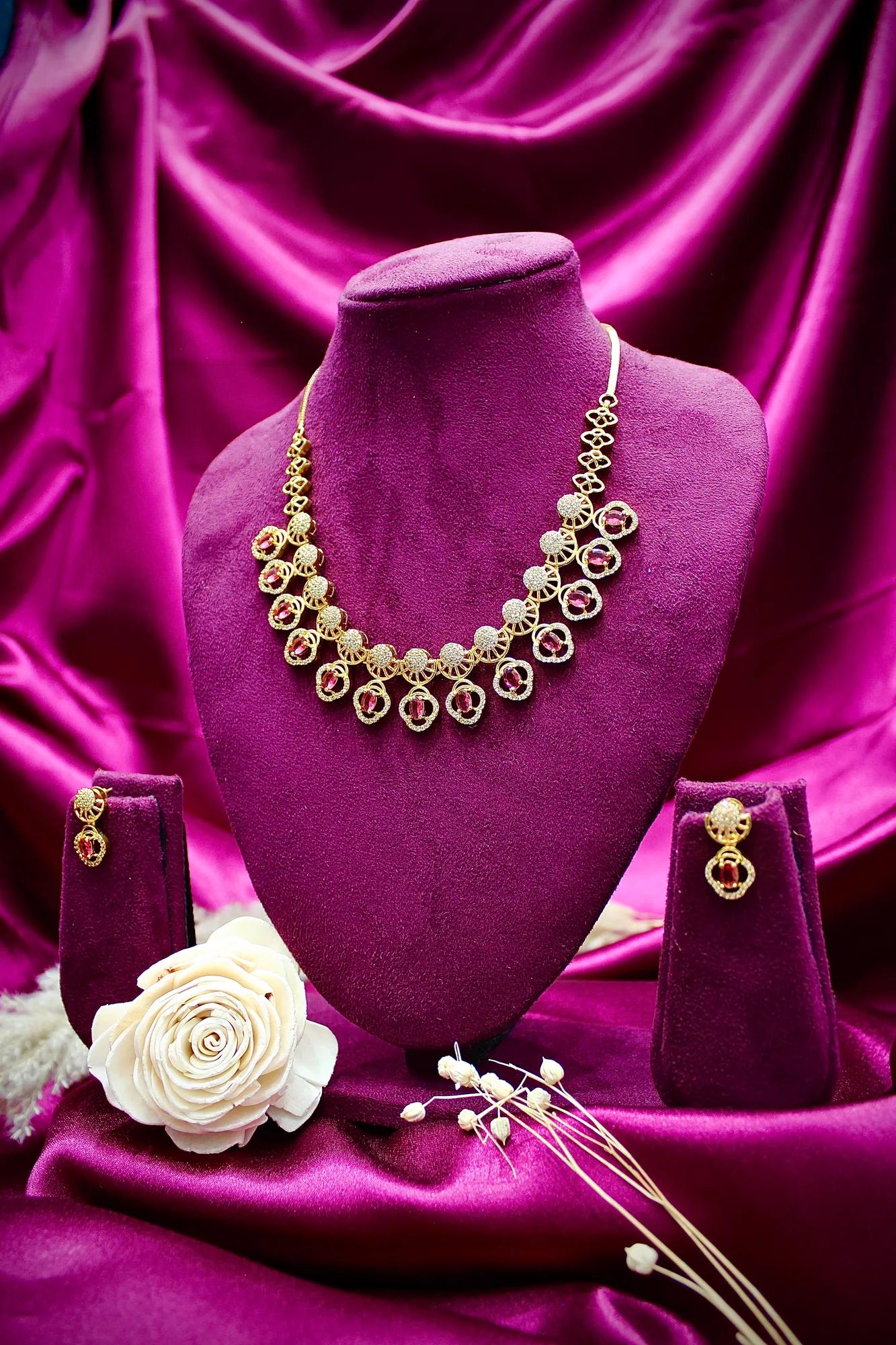Ruby Crystal Designer Necklace Set with Matching Earrings