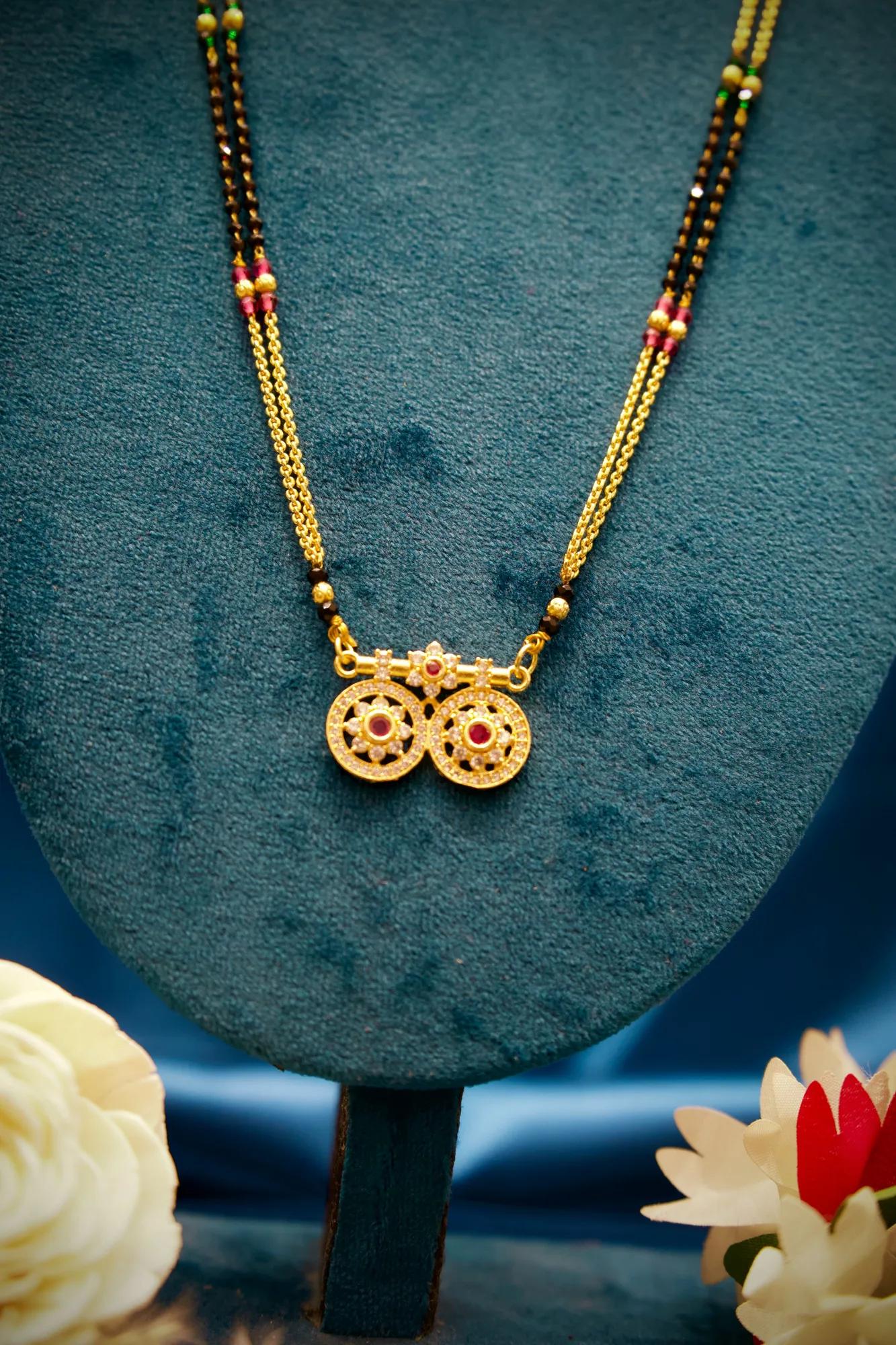 Dual Floral Ruby Stone Mangalsutra Pendant Necklace