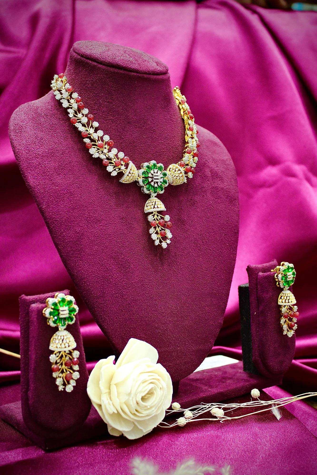 Royal Emerald Floral Jhumka Drop Earrings with Ruby Accents