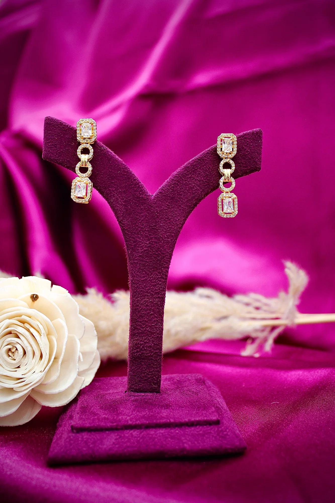Elegant Rose Gold-Plated CZ Y-Drop Necklace Set with Matching Drop Earrings