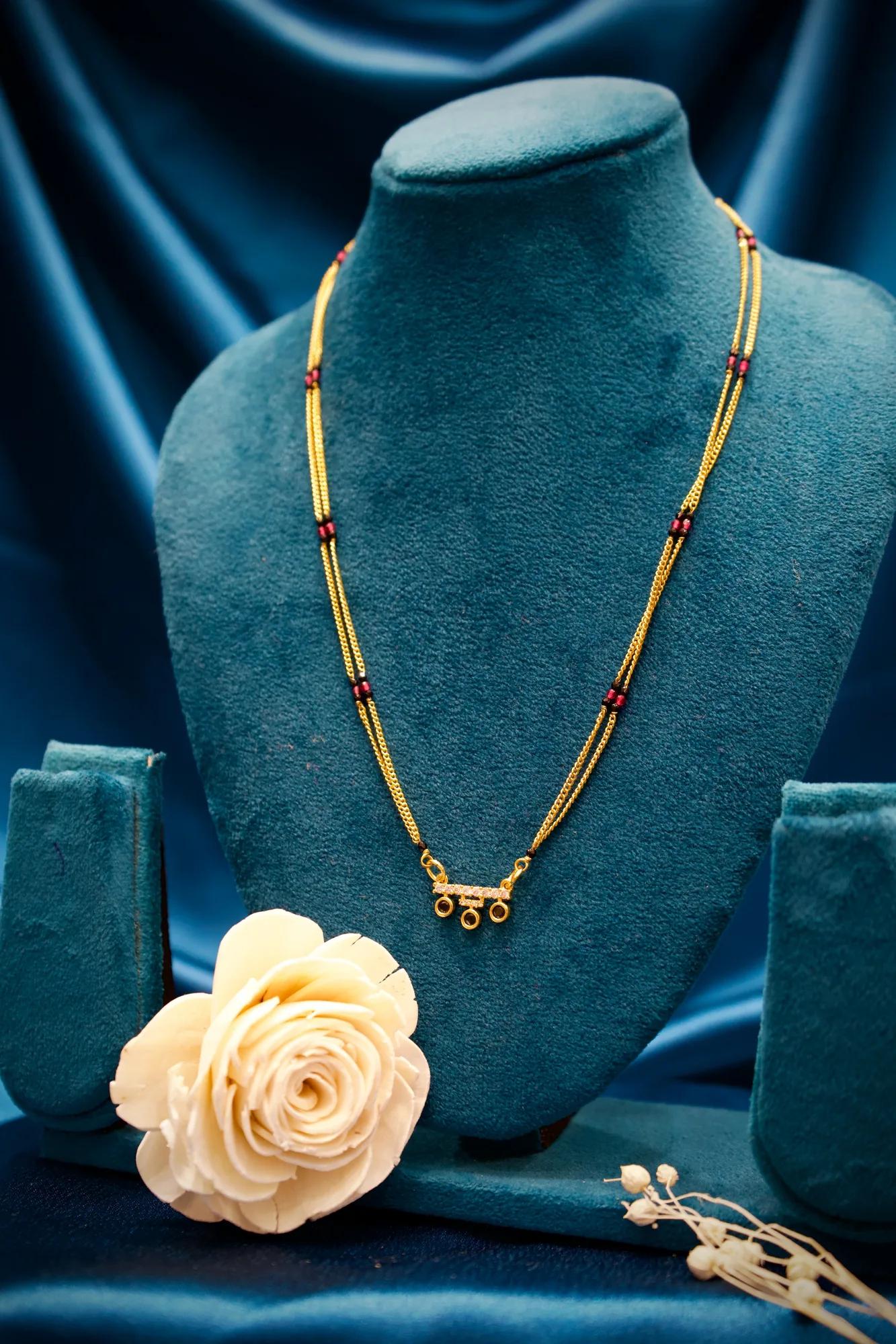 Elegant Triple Charm Mangalsutra Necklace with Pink Bead Accents
