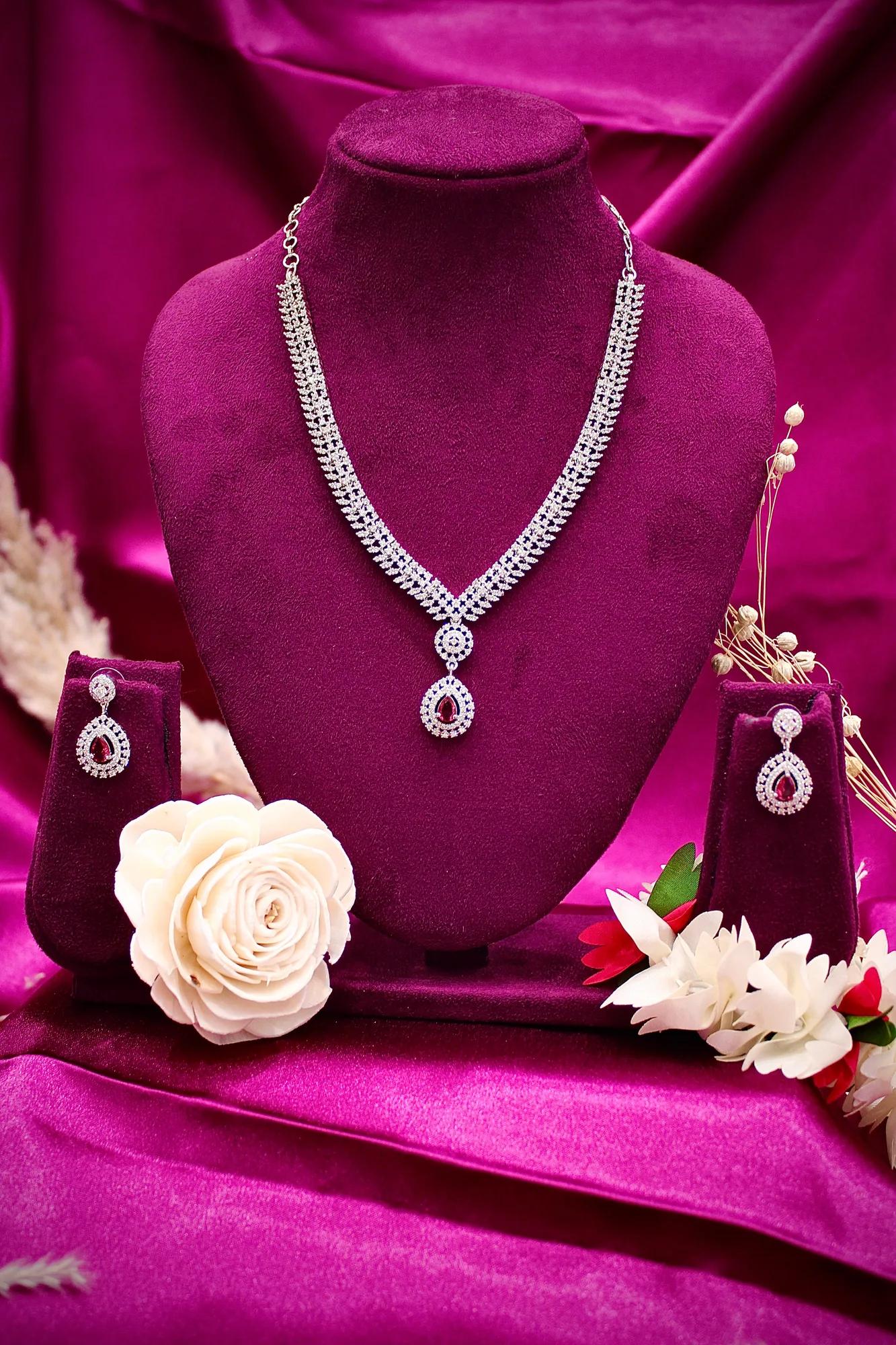 Elegant American Diamond Necklace with Ruby Drop Pendant