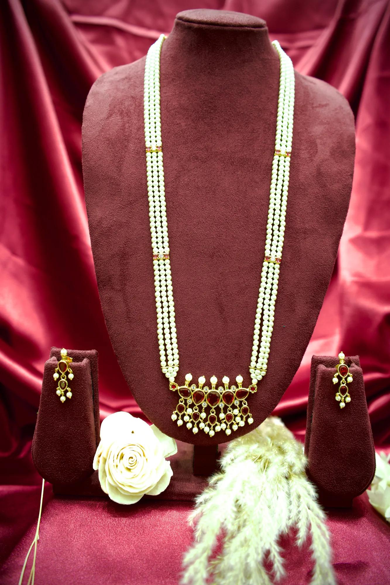 Royal Ruby Pearl Long Haram Necklace Set