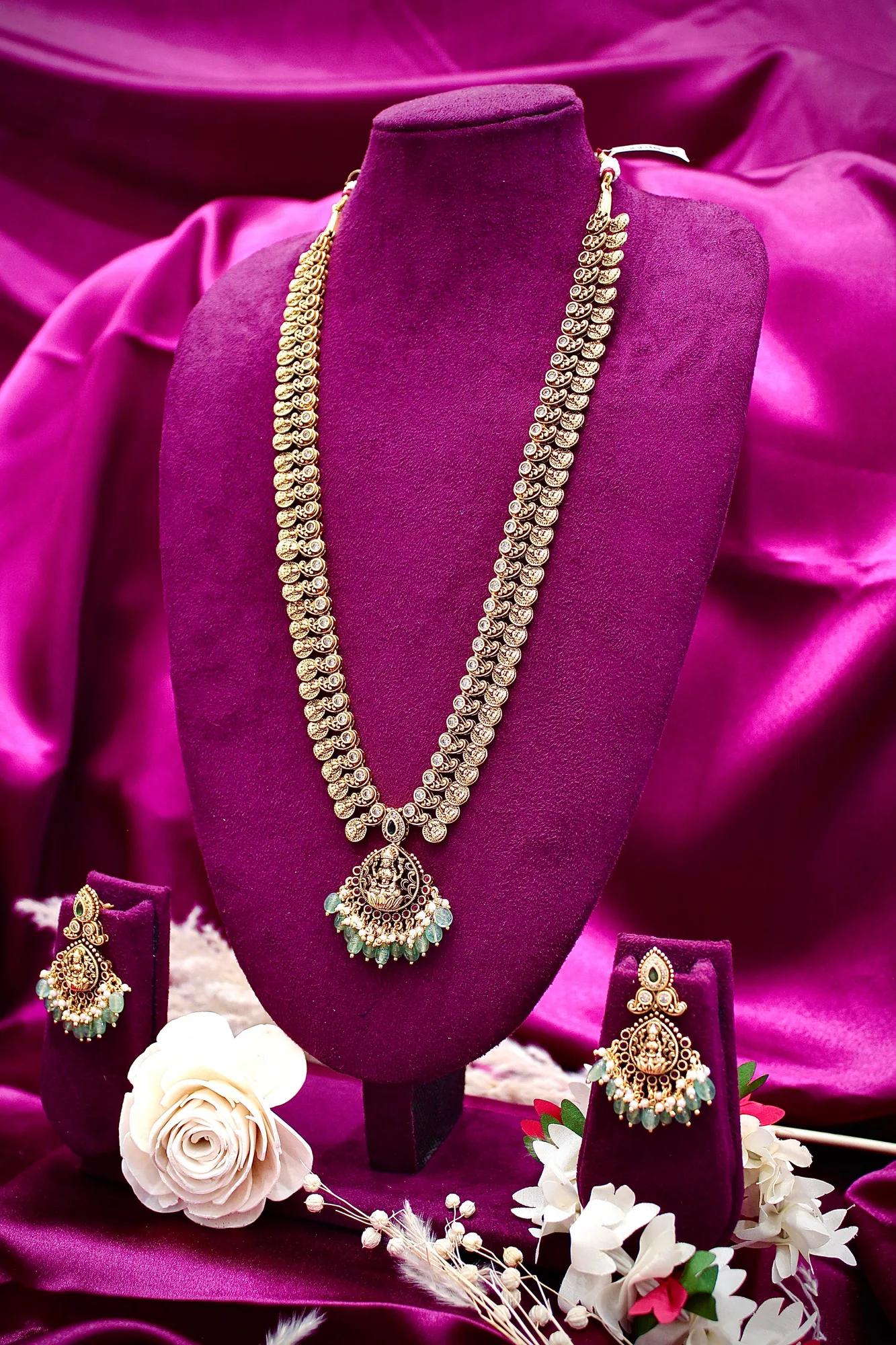 Temple Lakshmi Coin Long Haram Necklace Set with Emerald Beads