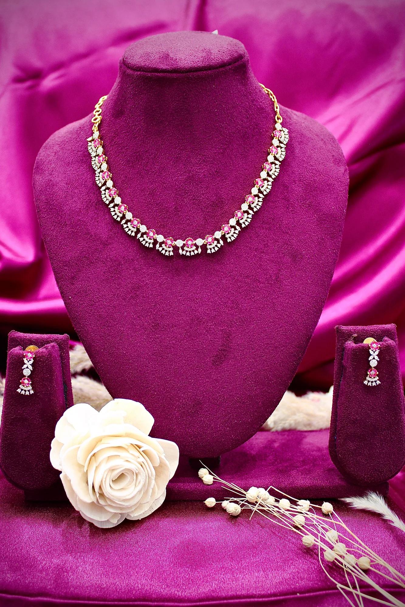 Pink Crystal Floral Necklace Set with Matching Earrings