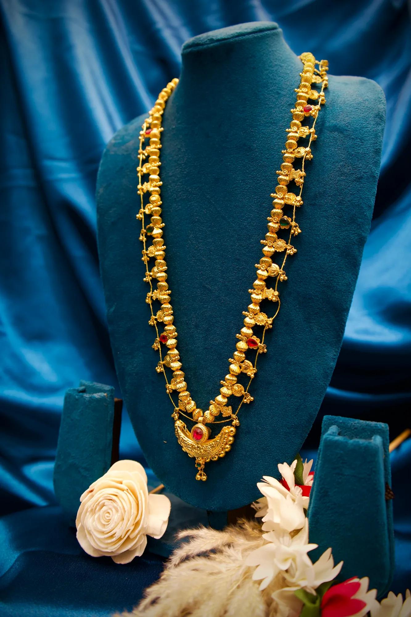 Antique Floral Long Haram Necklace with Ruby Stone Pendant