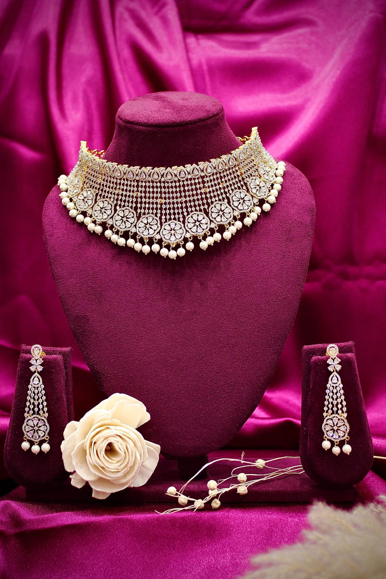 Royal American Diamond Pearl Fringe Choker Set with Long Earrings