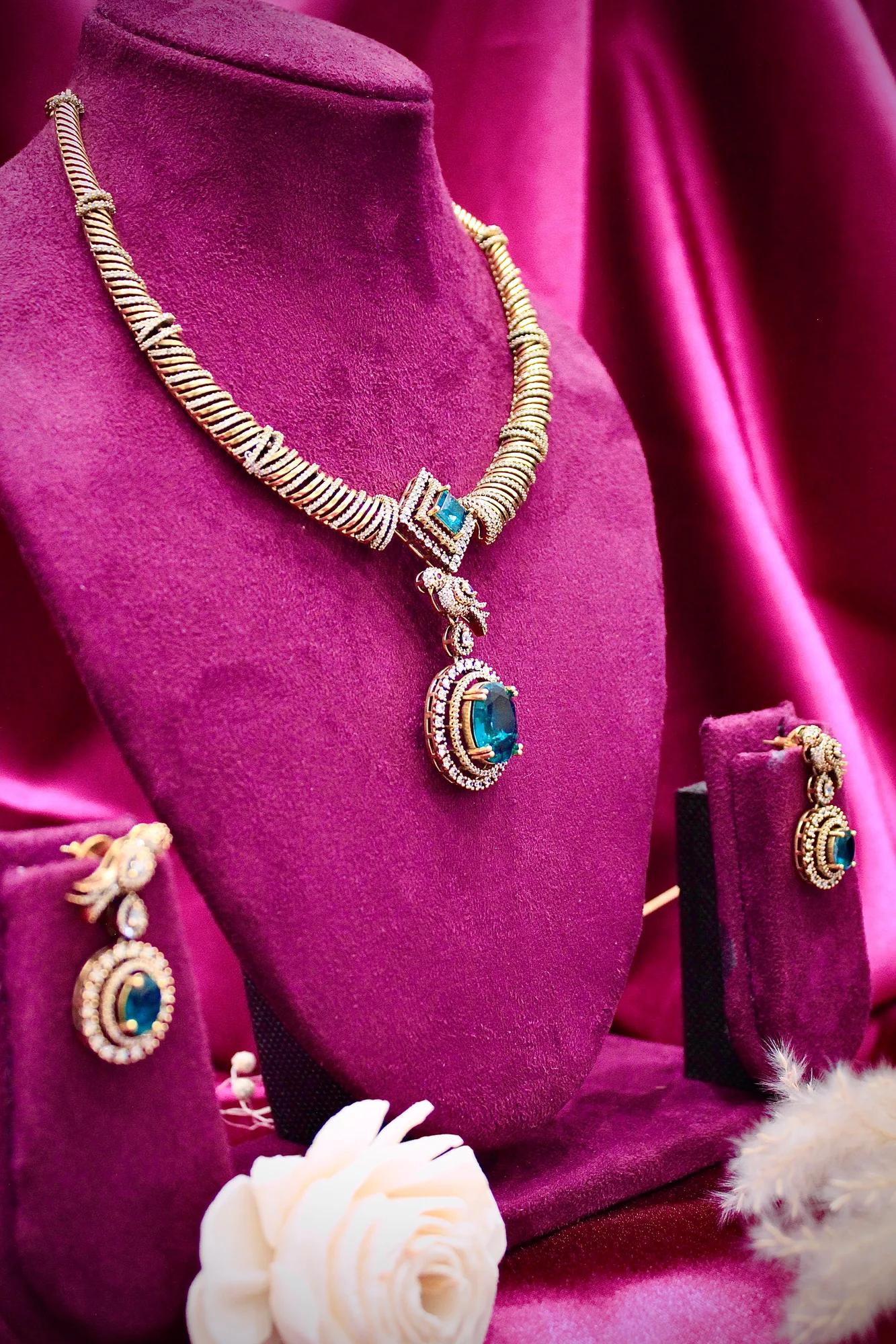 Royal Azure Stone Statement Necklace Set with Earrings