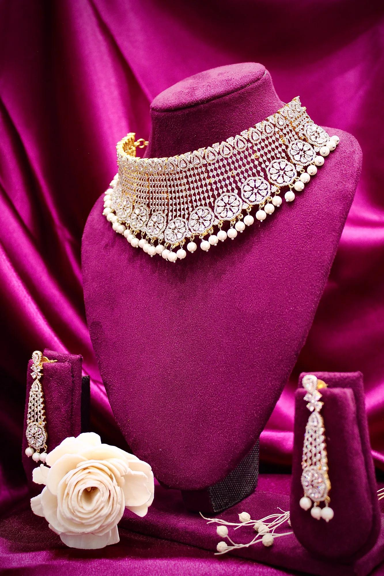 Royal American Diamond Pearl Fringe Choker Set with Long Earrings