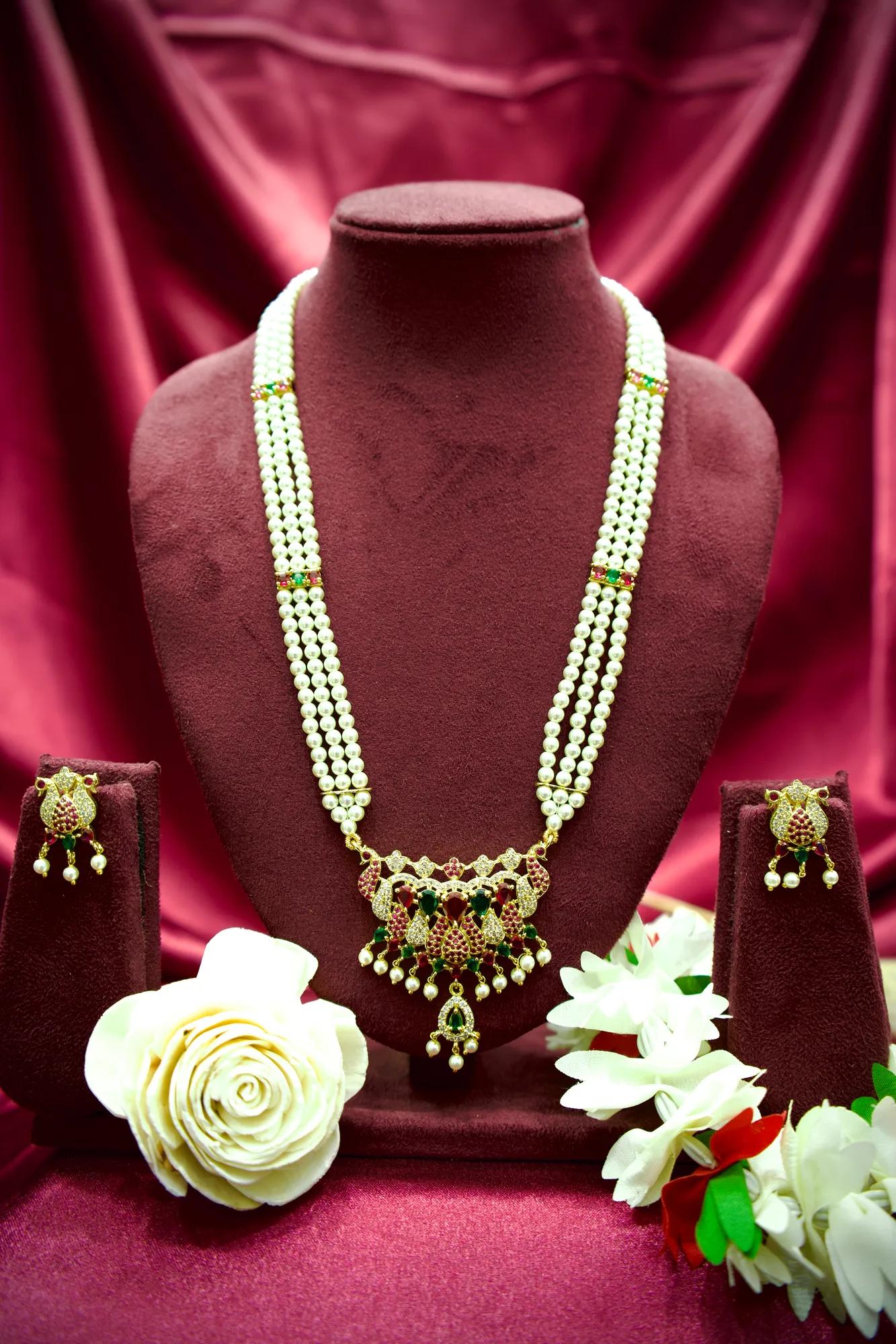Royal Peacock Pearl Necklace Set with Emerald & Ruby Stone Pendant