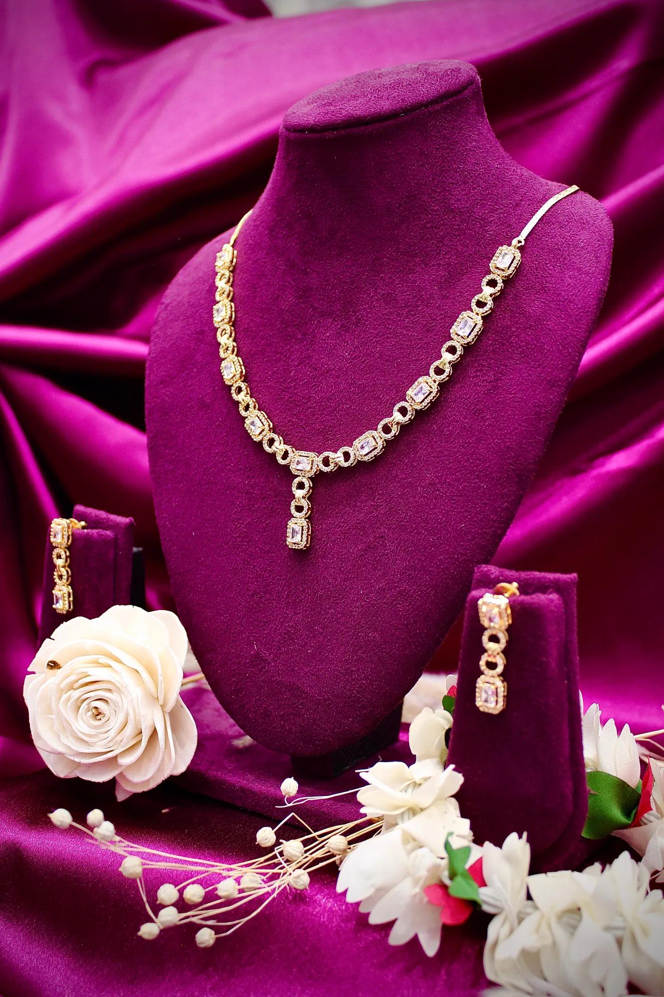 Elegant Rose Gold-Plated CZ Y-Drop Necklace Set with Matching Drop Earrings