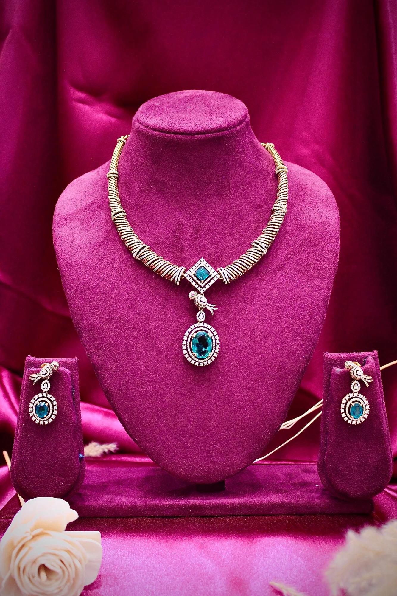 Royal Azure Stone Statement Necklace Set with Earrings