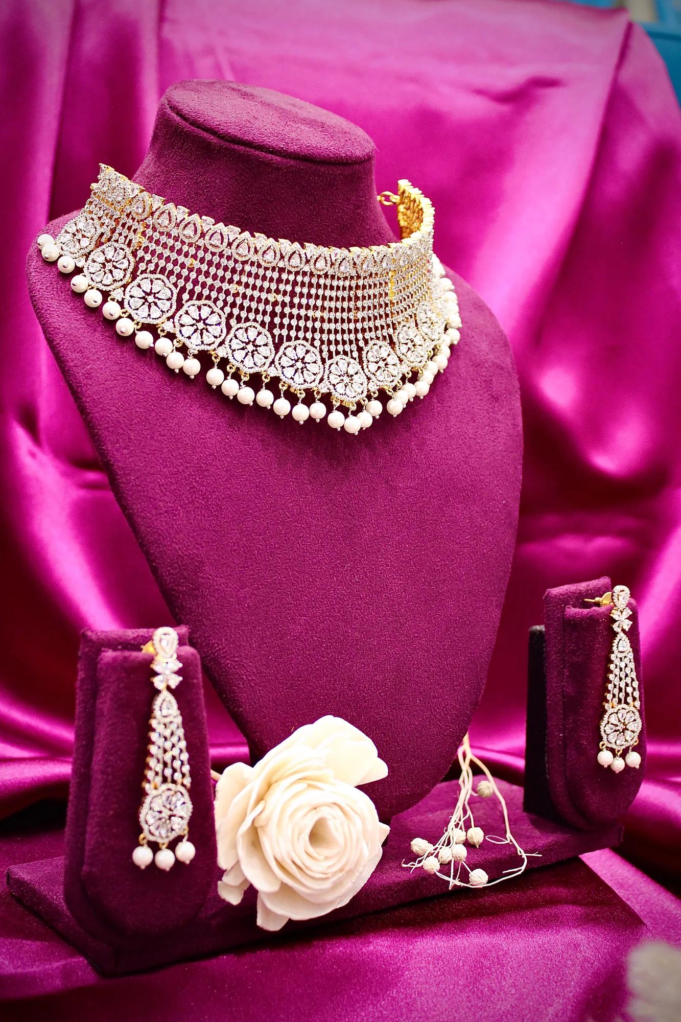 Royal American Diamond Pearl Fringe Choker Set with Long Earrings