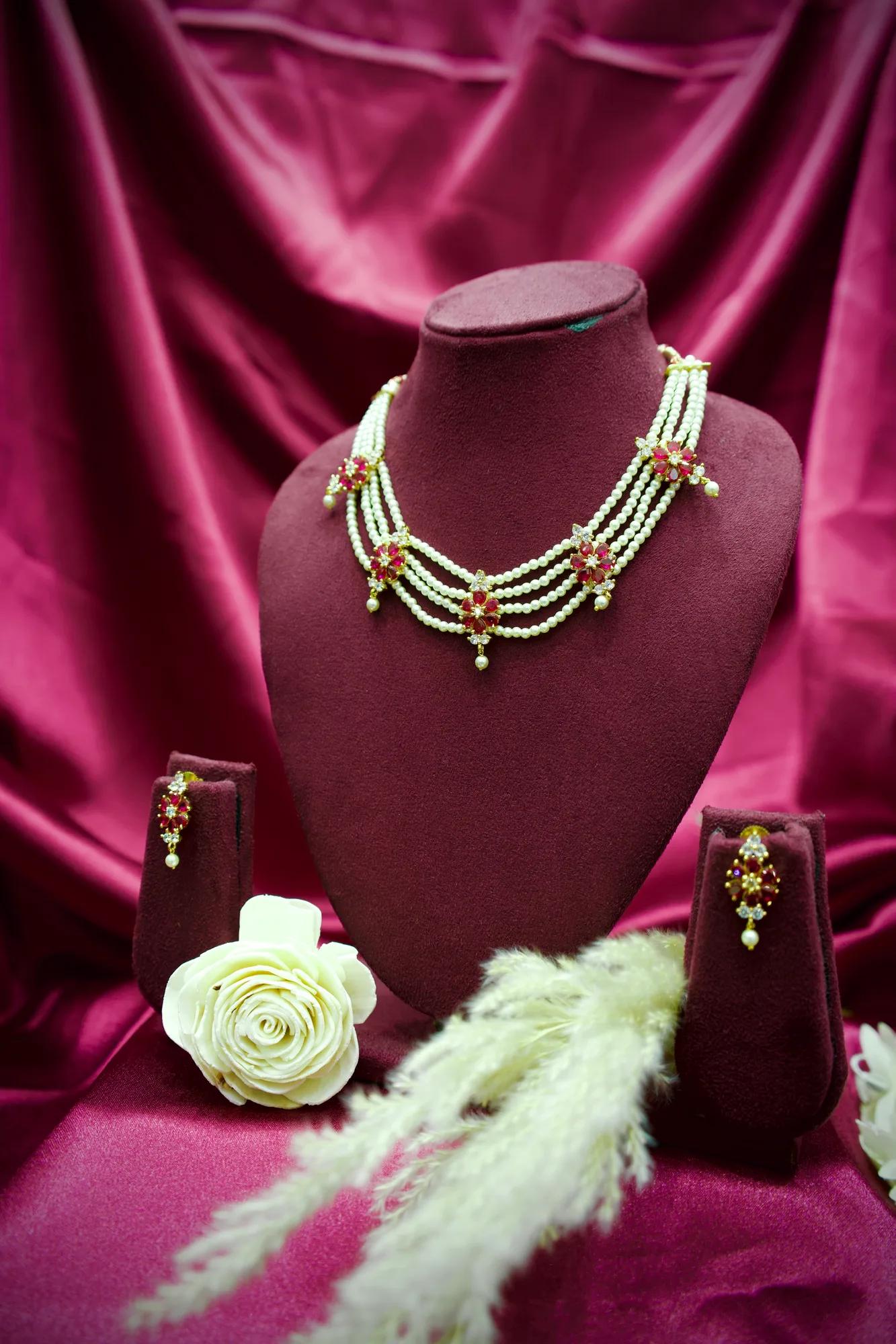 Floral Pearl Layered Choker Necklace Set