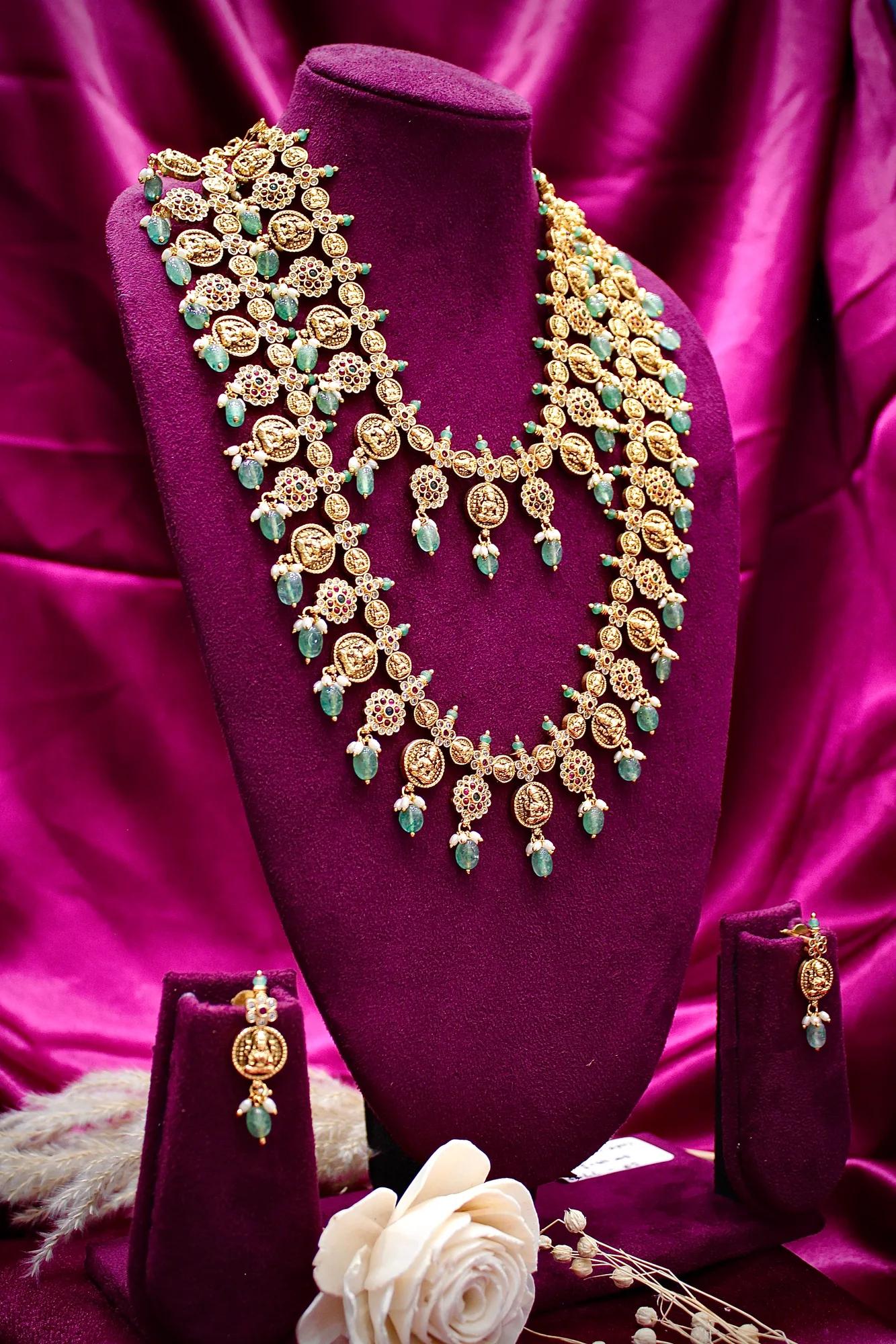 Grand Temple Coin Haram Set with Emerald Bead Drops