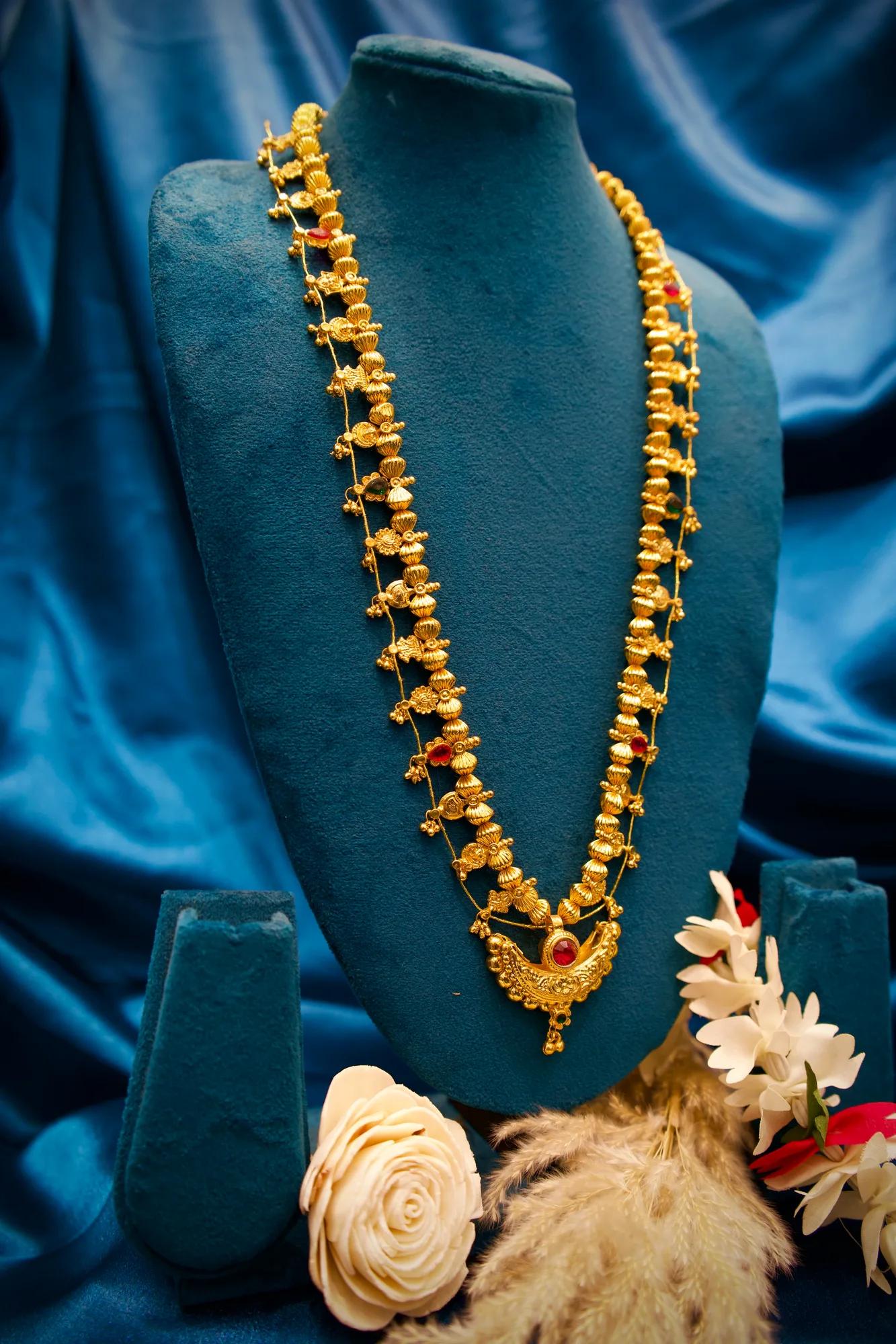 Antique Floral Long Haram Necklace with Ruby Stone Pendant