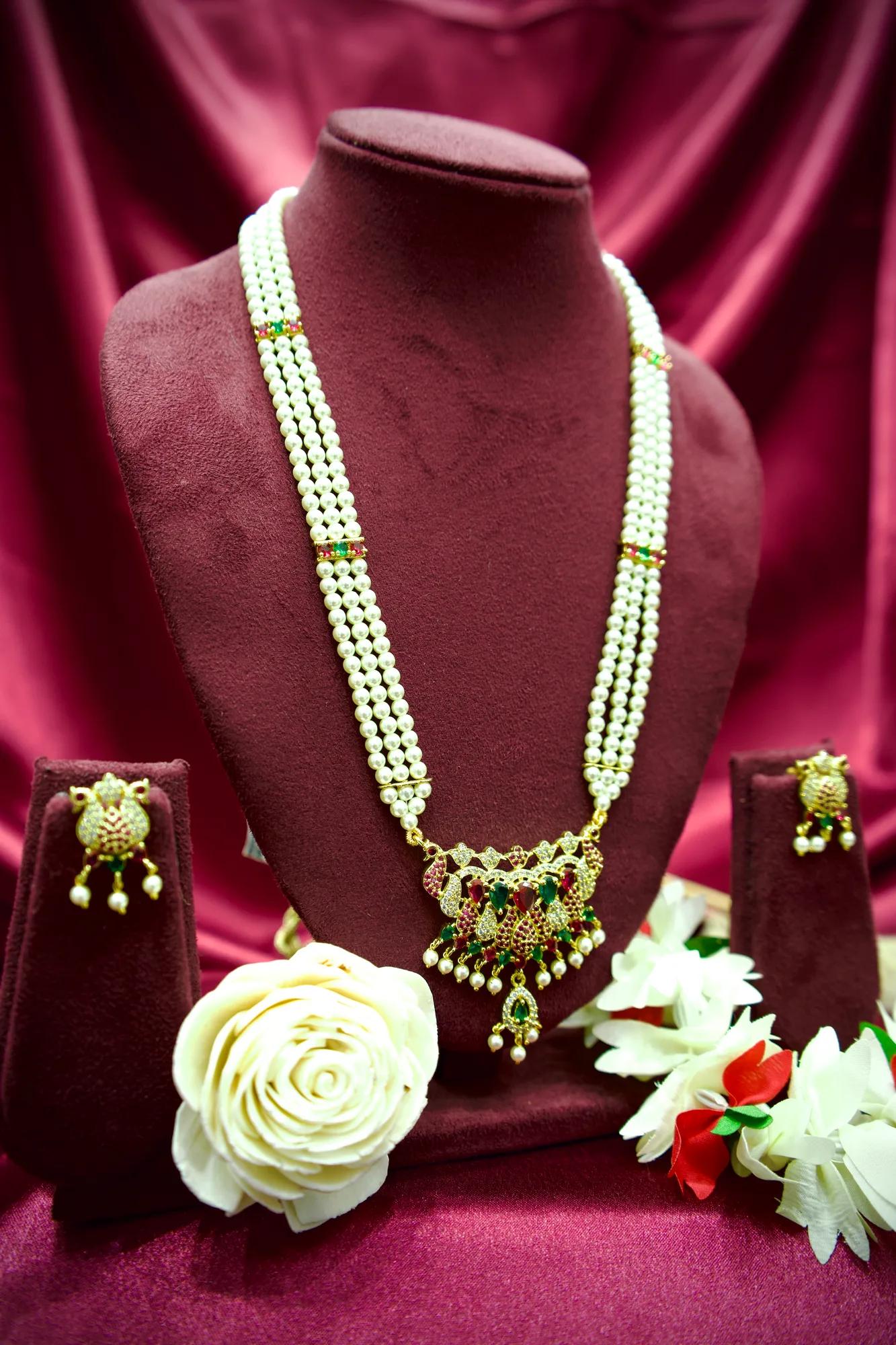 Royal Peacock Pearl Necklace Set with Emerald & Ruby Stone Pendant