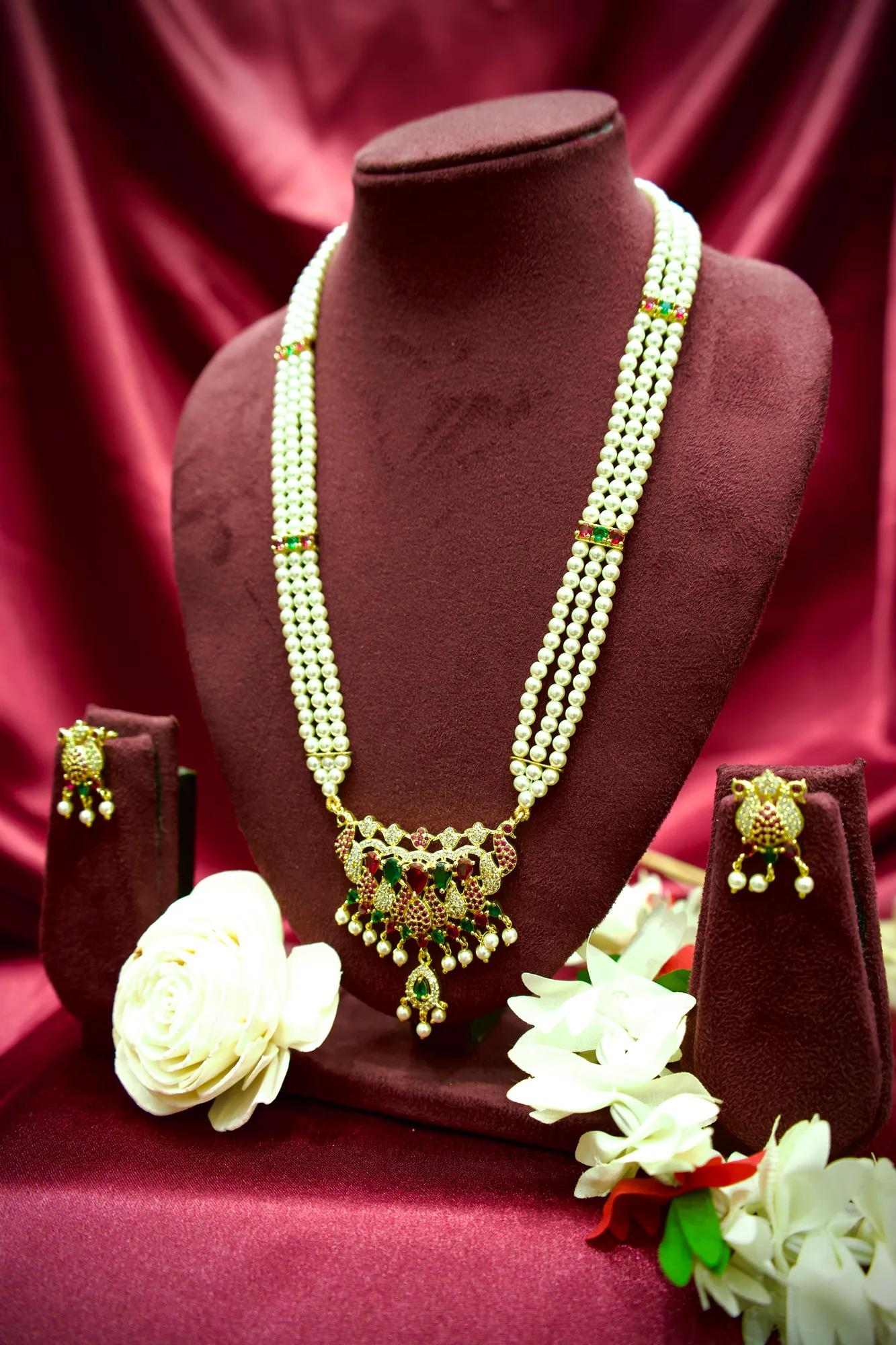 Royal Peacock Pearl Necklace Set with Emerald & Ruby Stone Pendant