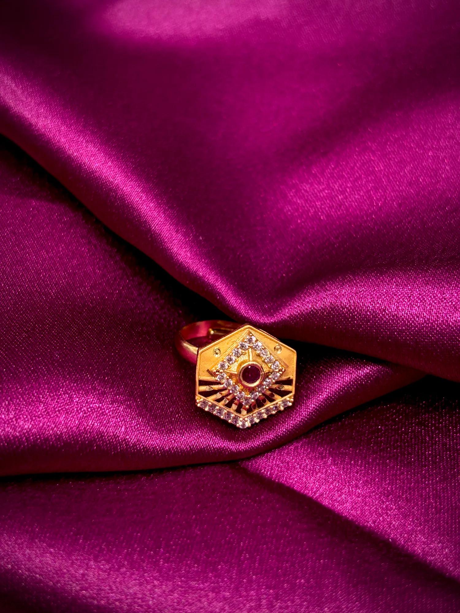 Hexagonal Ruby CZ Designer Gold-Tone Ring