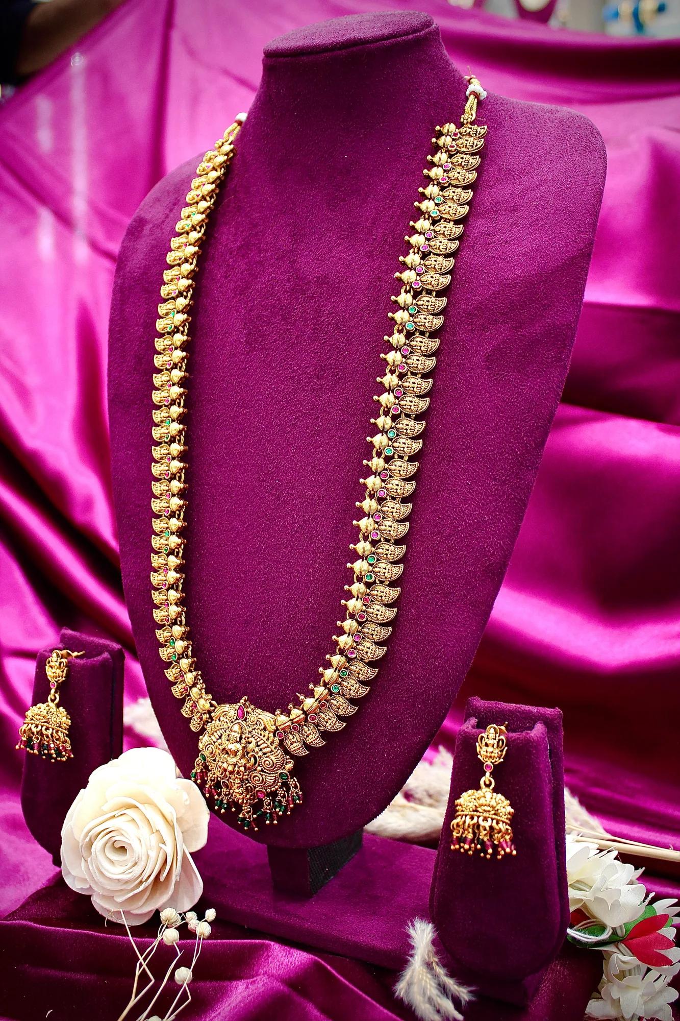 Royal Temple Lakshmi Long Haram Necklace Set