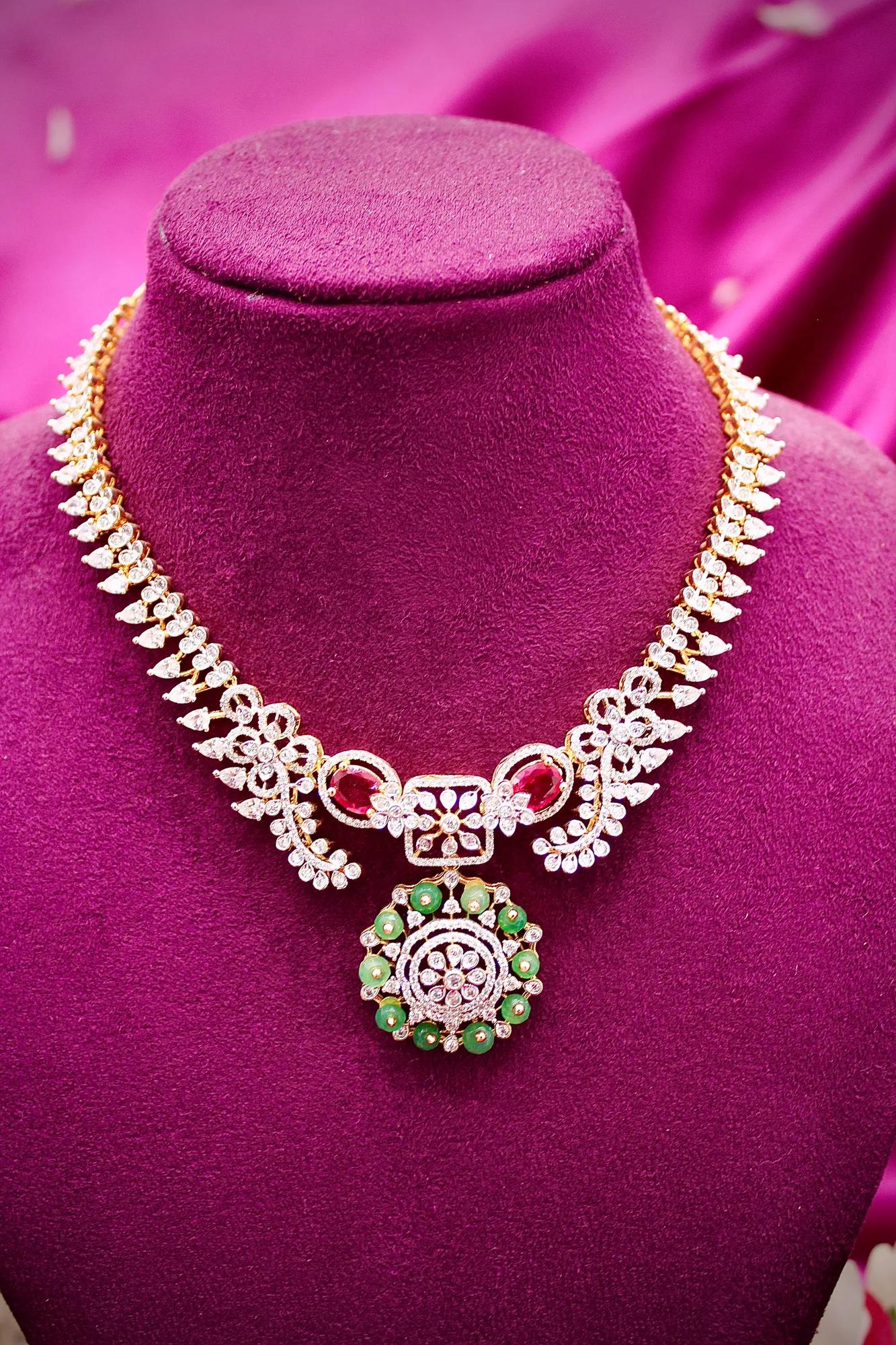 Emerald & Ruby Accent American Diamond Pendant Necklace Set
