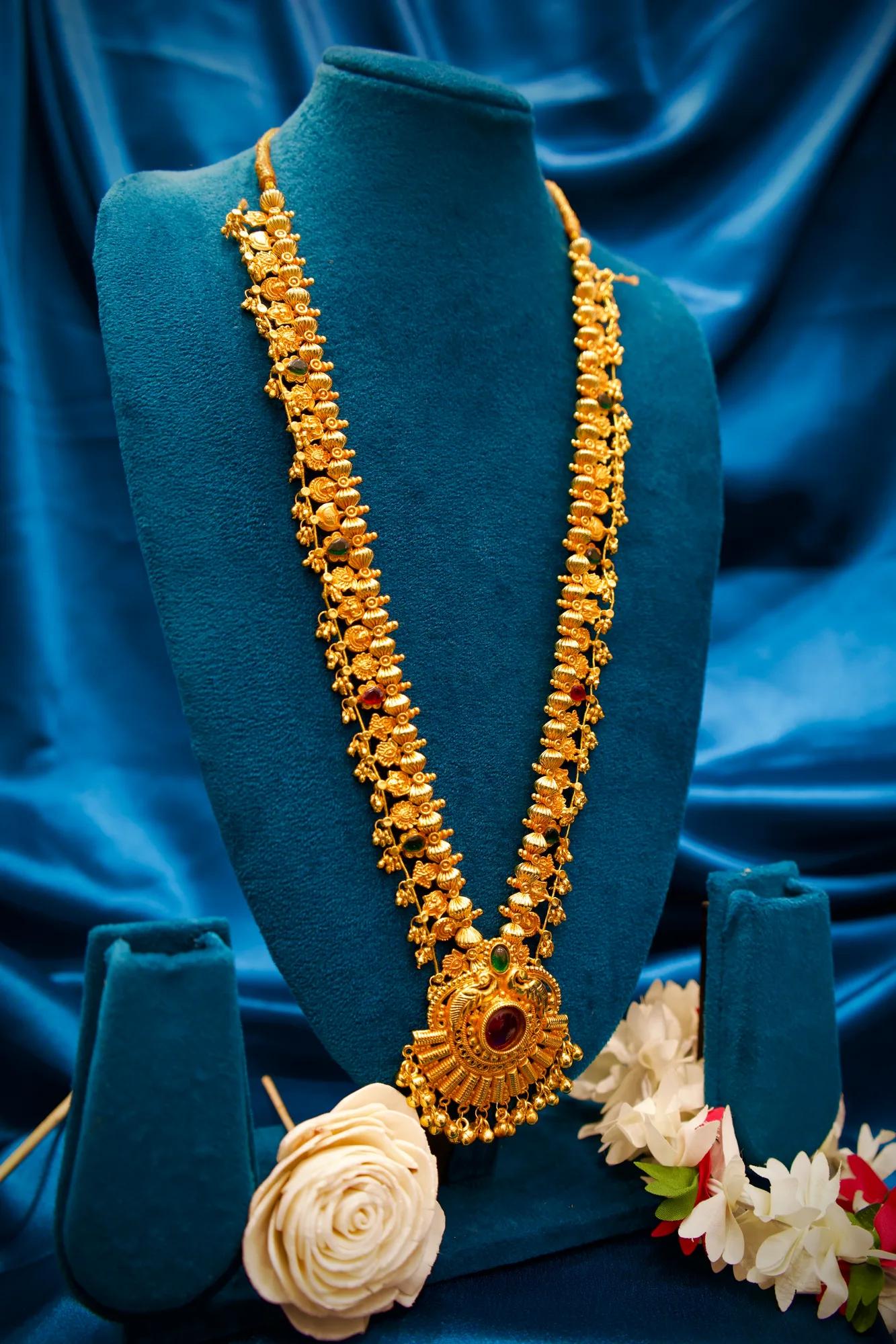 Antique Temple Long Haram Necklace with Ruby & Emerald Pendant