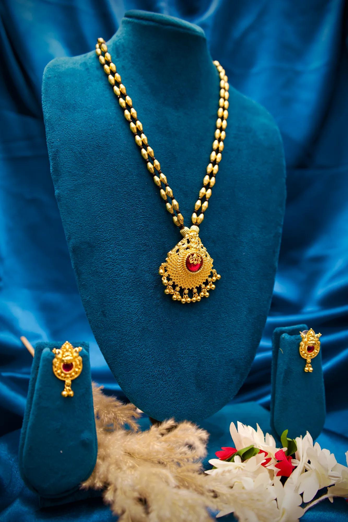 Traditional Black Bead Mangalsutra Pendant Set with Ruby Stone