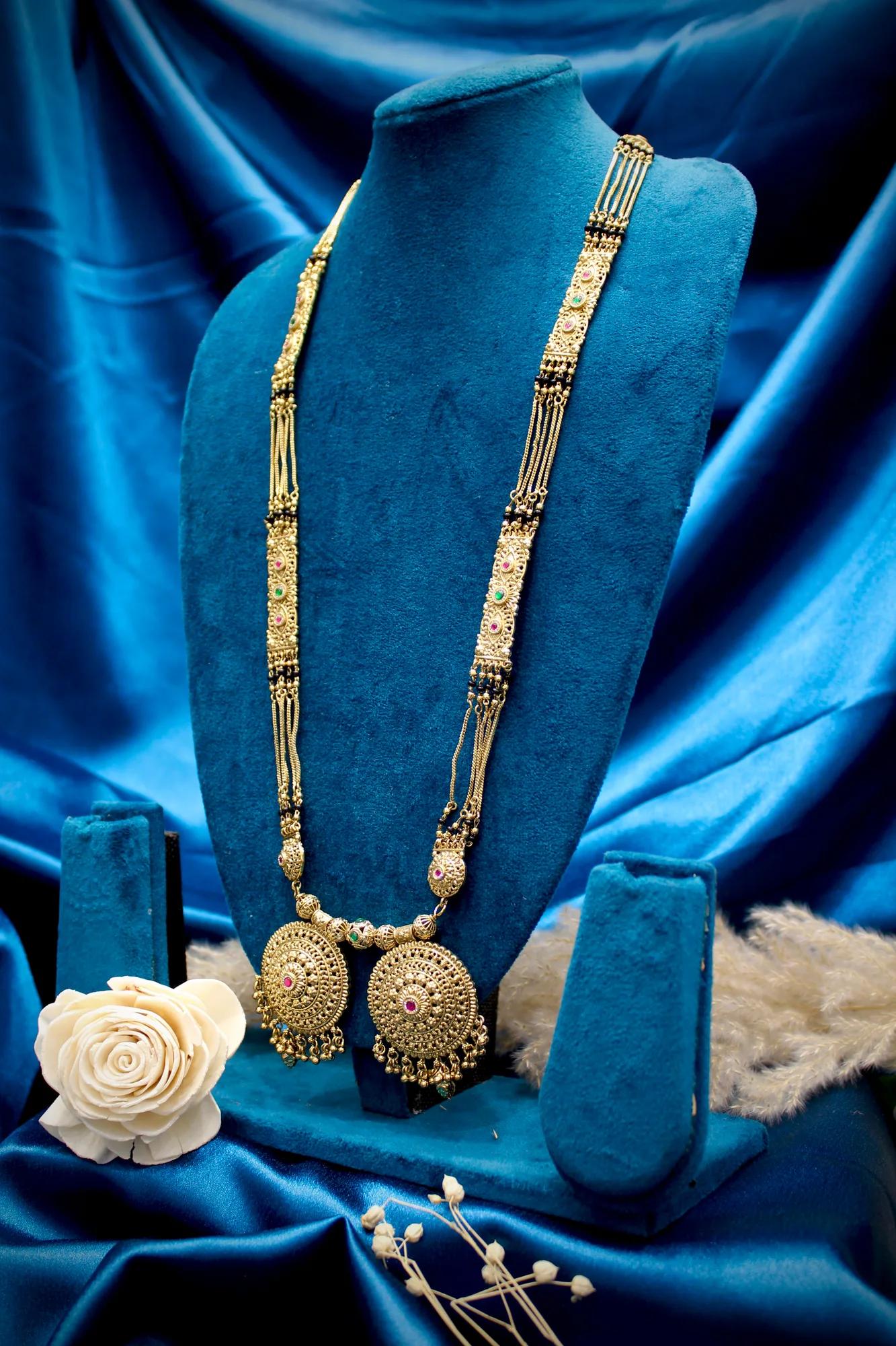 Royal Antique Gold Circular Twin Pendant Designer Black Bead Mangalsutra