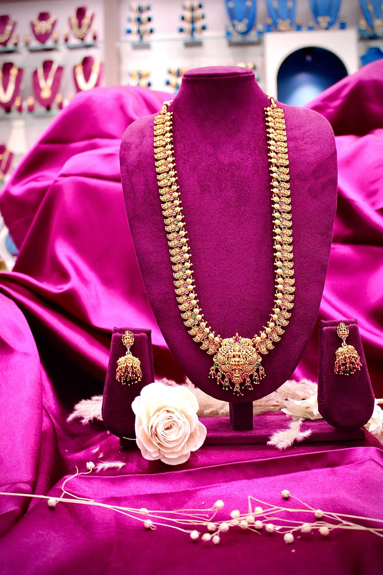 Royal Temple Lakshmi Long Haram Necklace Set