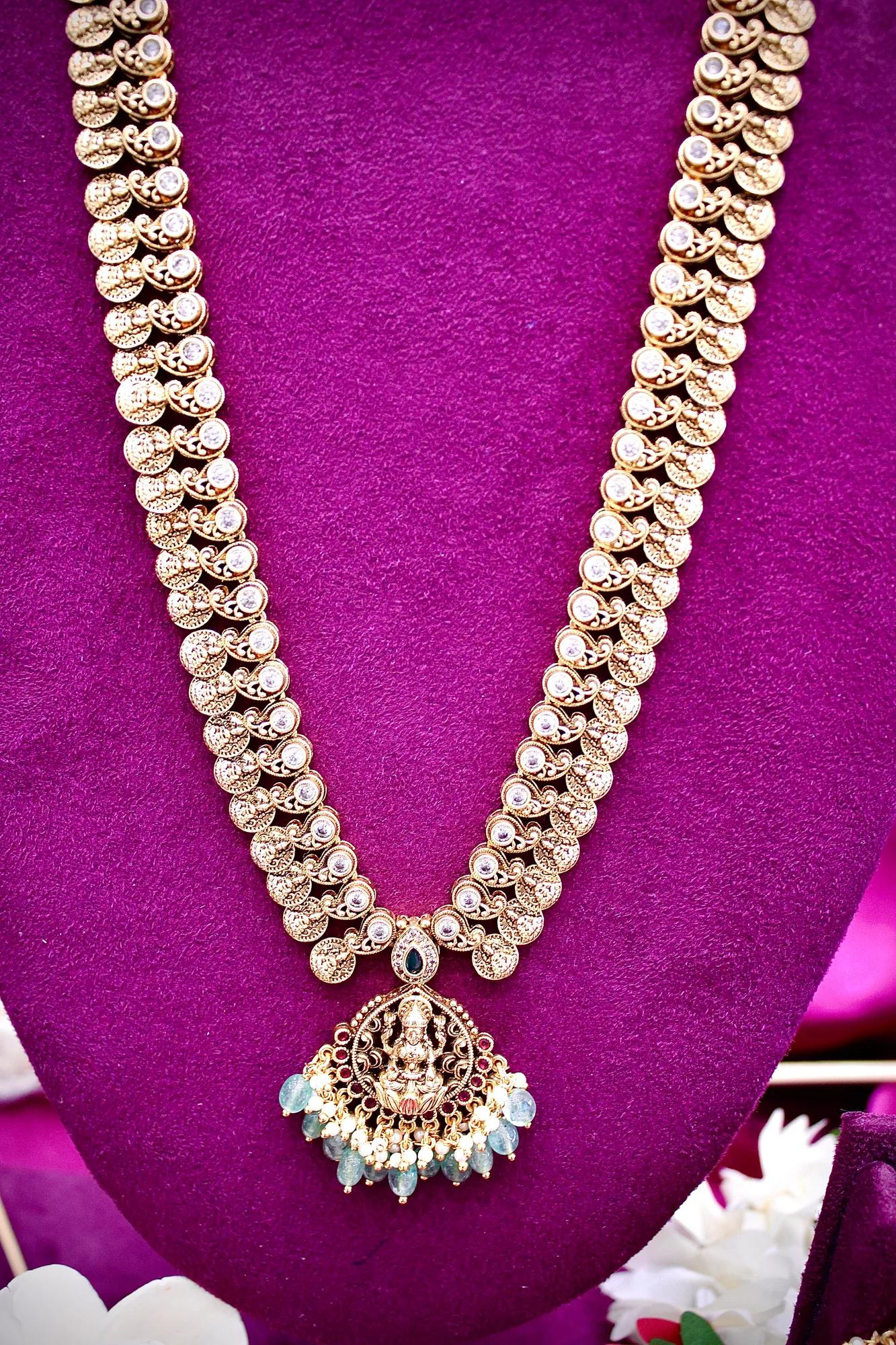 Temple Lakshmi Coin Long Haram Necklace Set with Emerald Beads