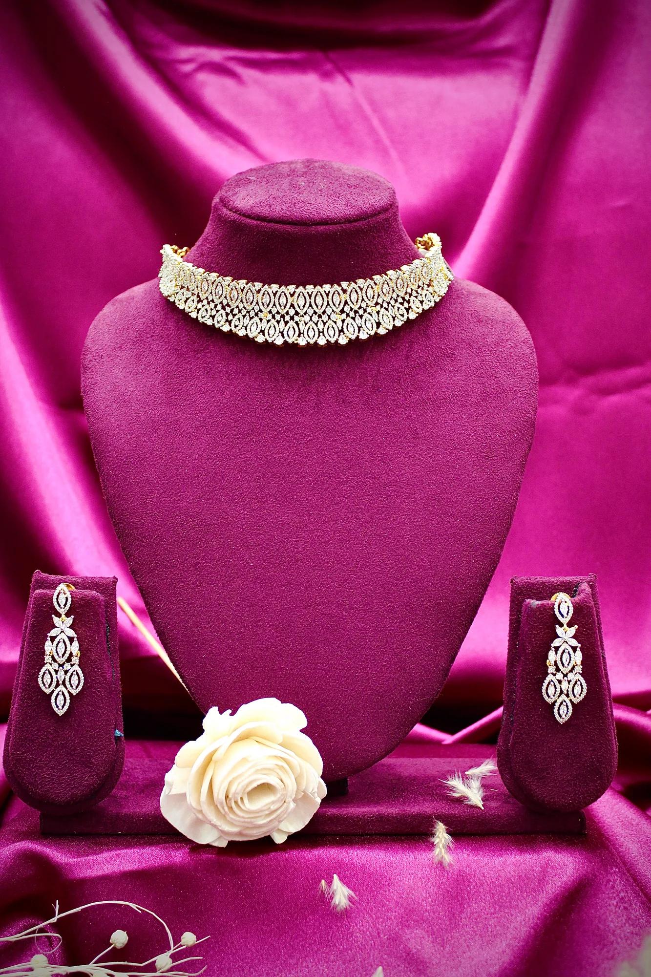Luxury American Diamond Choker Set with Designer Drop Earrings