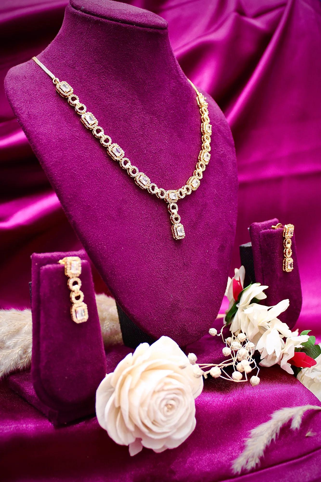 Elegant Rose Gold-Plated CZ Y-Drop Necklace Set with Matching Drop Earrings