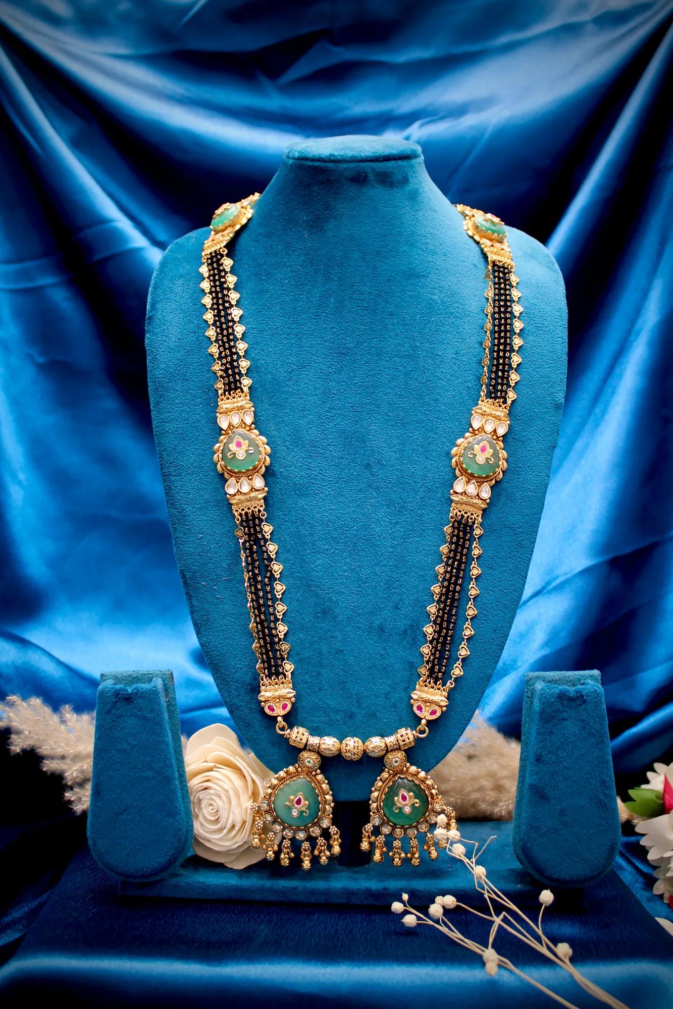 Royal Aqua Green Dual-Pendant Traditional Mangalsutra Necklace Set