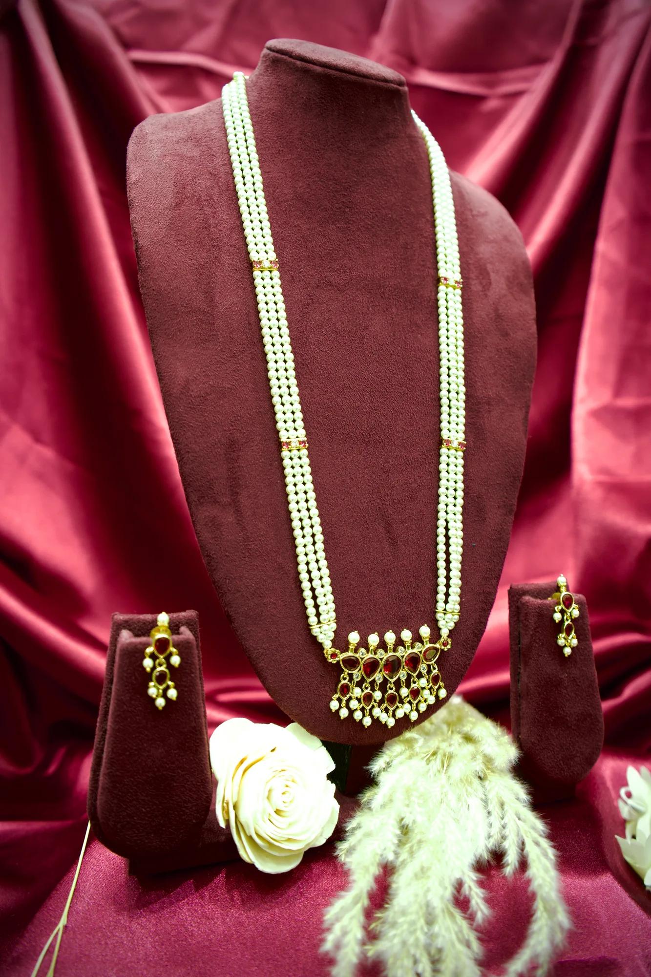 Royal Ruby Pearl Long Haram Necklace Set