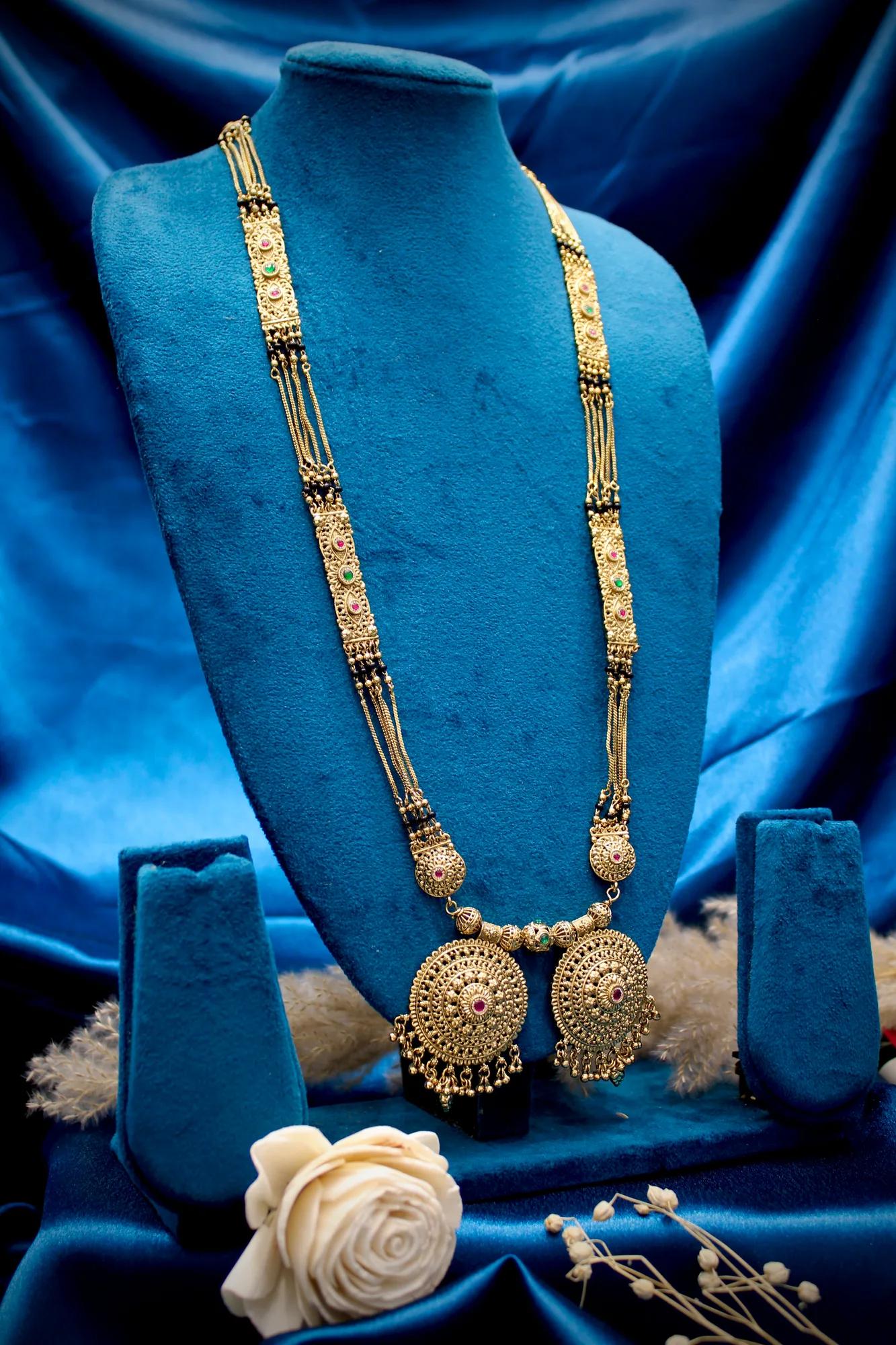Royal Antique Gold Circular Twin Pendant Designer Black Bead Mangalsutra