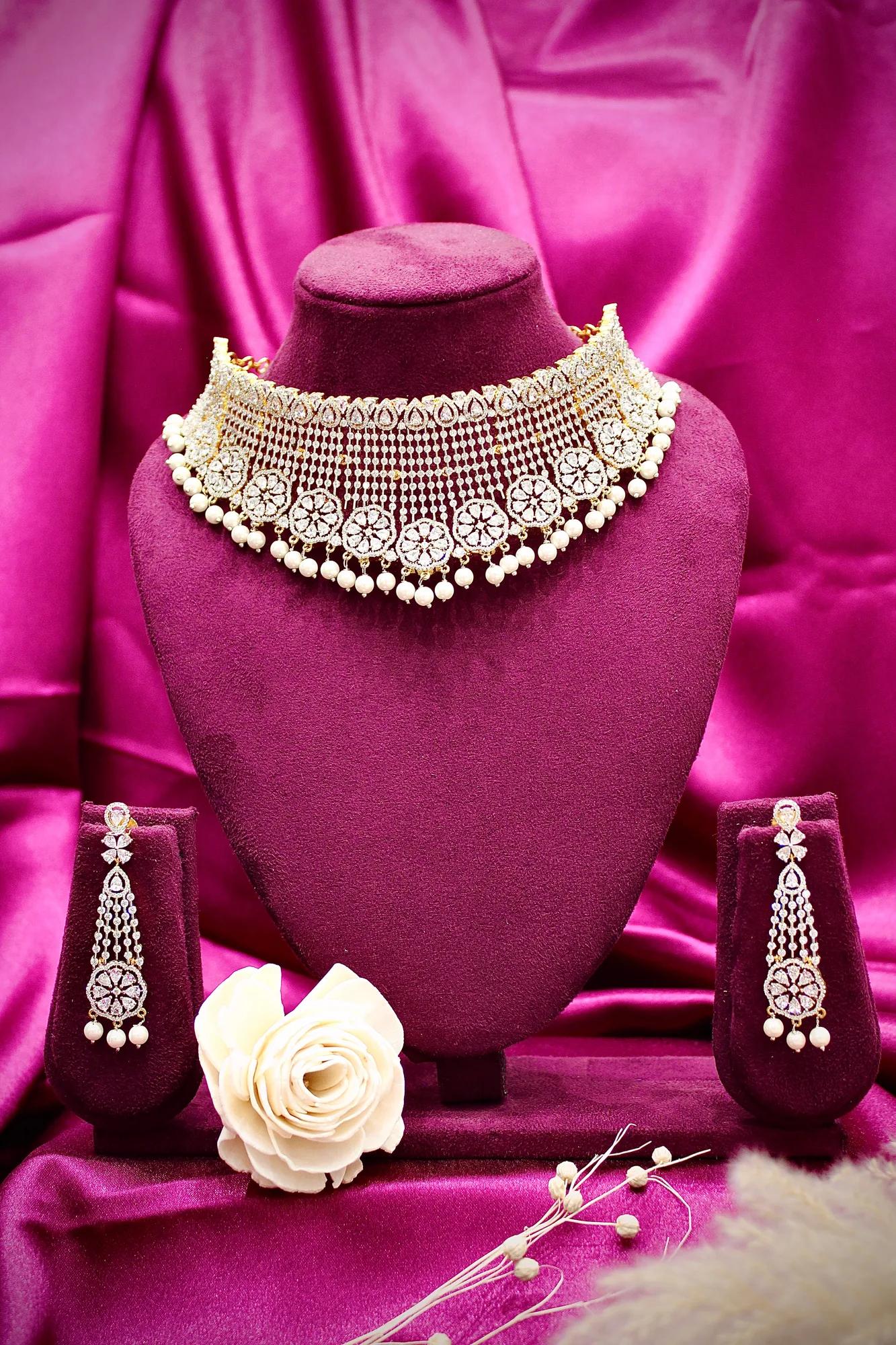 Royal American Diamond Pearl Fringe Choker Set with Long Earrings