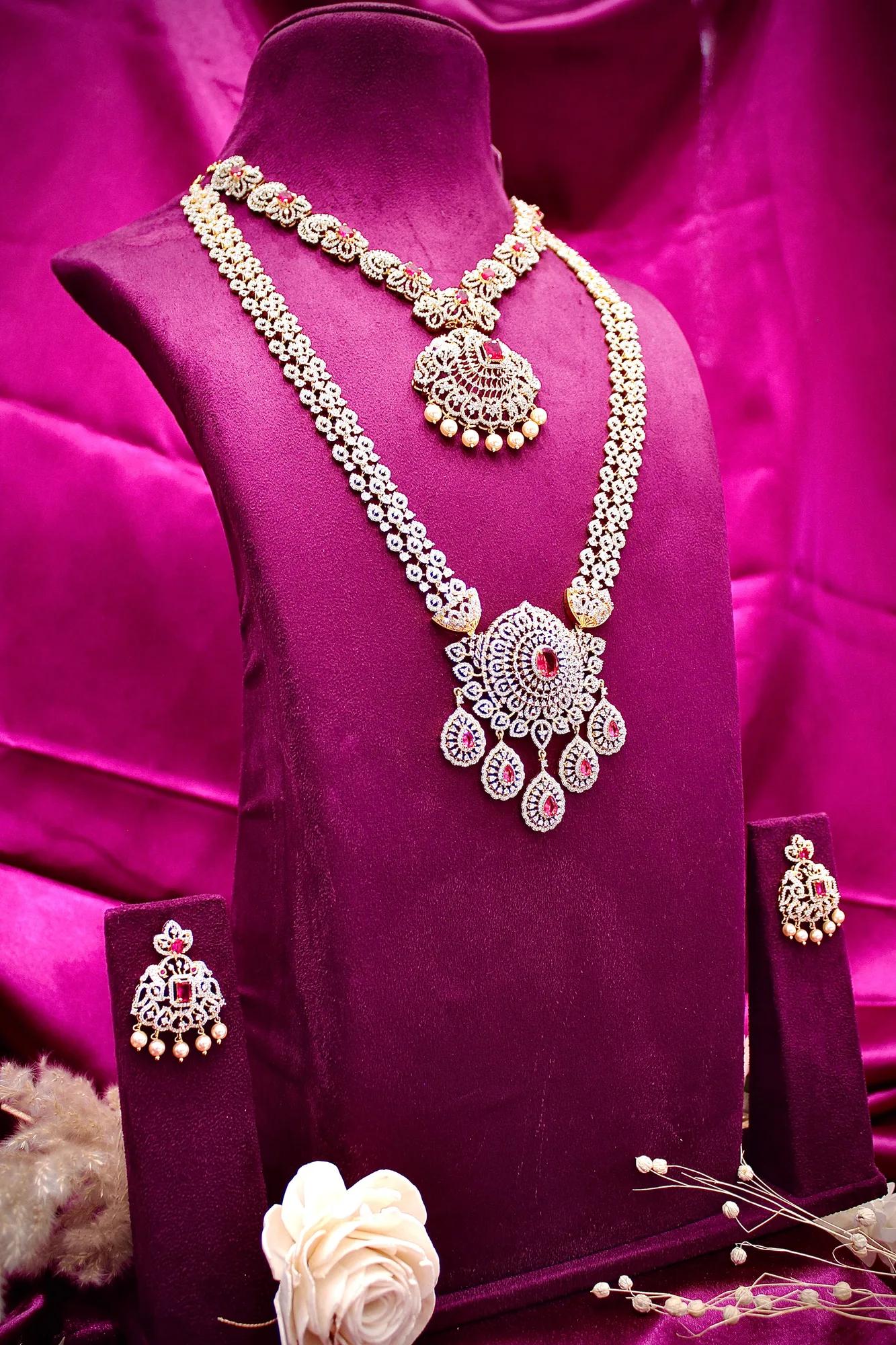 Royal Dual-Layer American Diamond Necklace Set with Ruby Accents