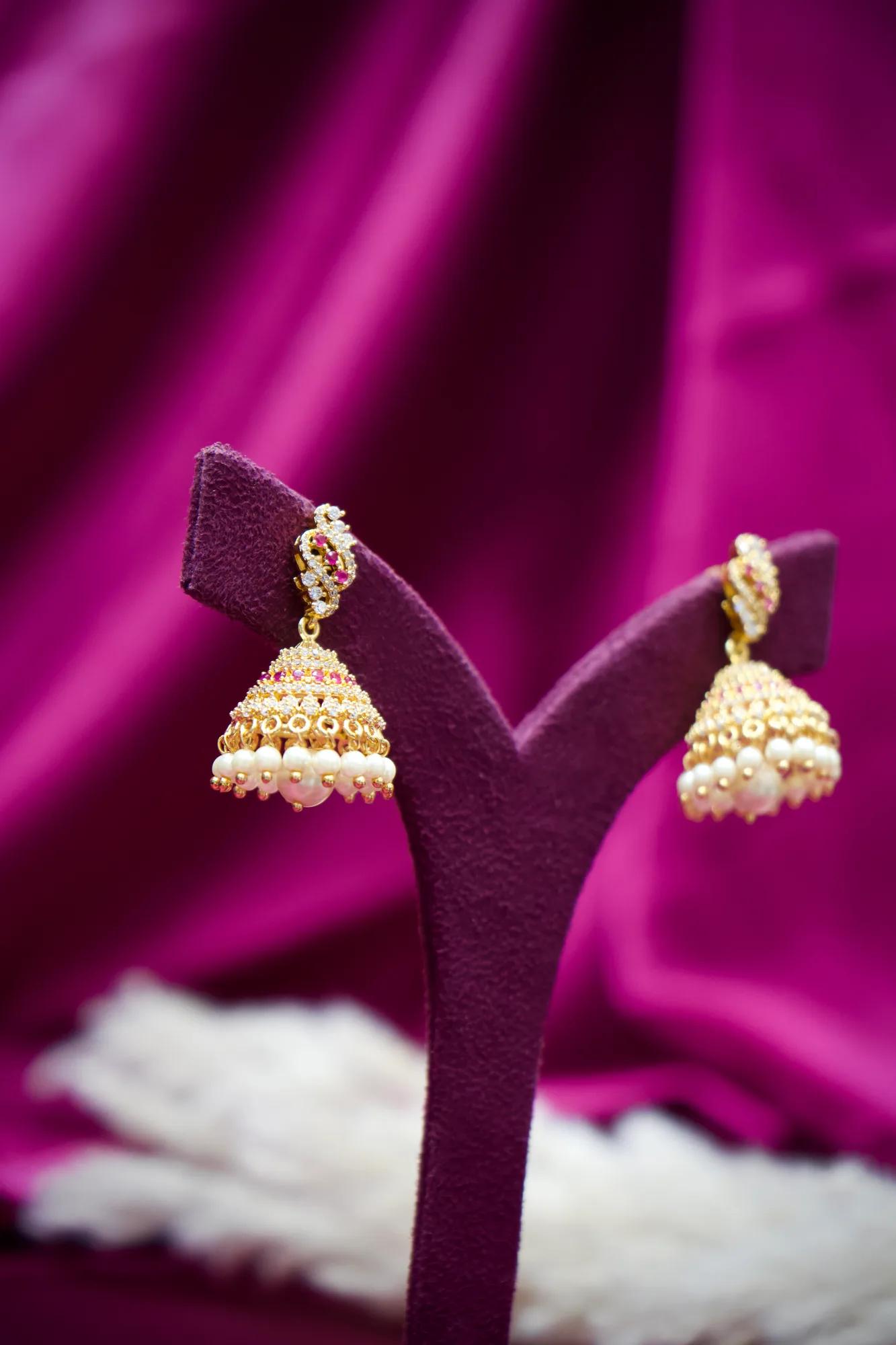 Pink CZ Pearl Jhumka Earrings