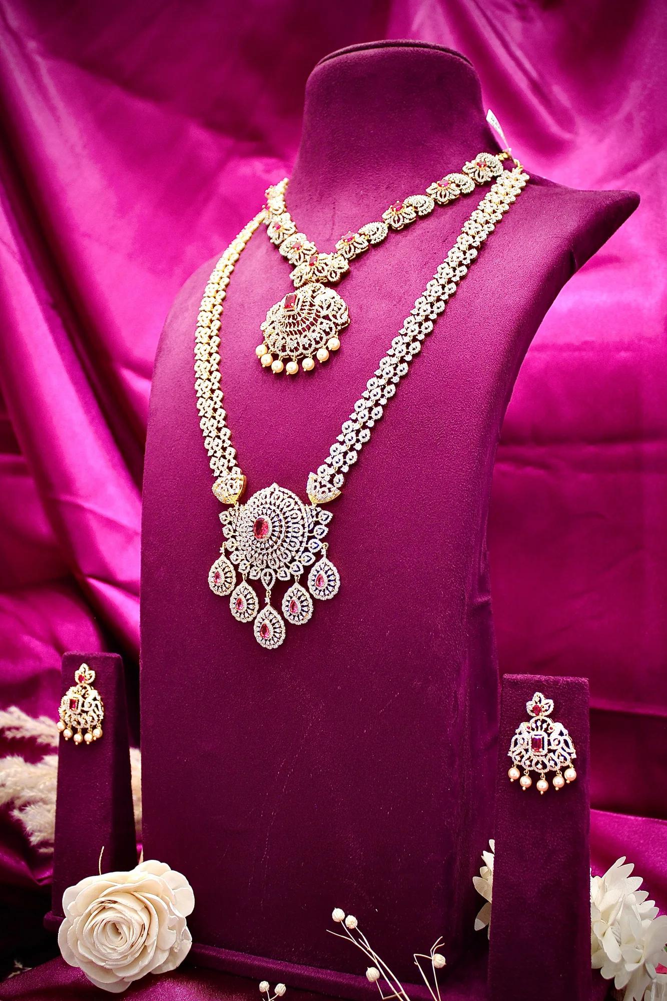 Royal Dual-Layer American Diamond Necklace Set with Ruby Accents