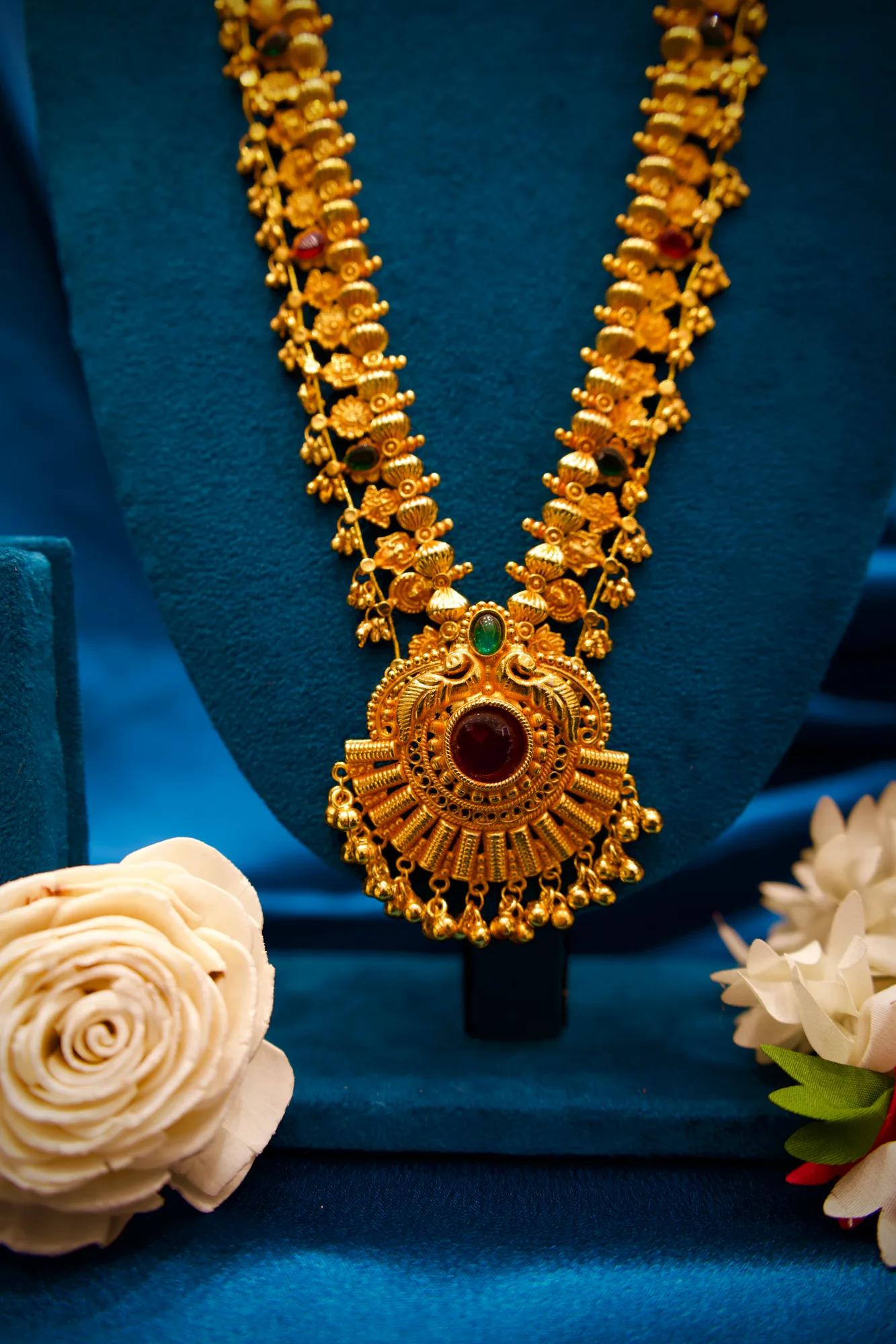 Antique Temple Long Haram Necklace with Ruby & Emerald Pendant
